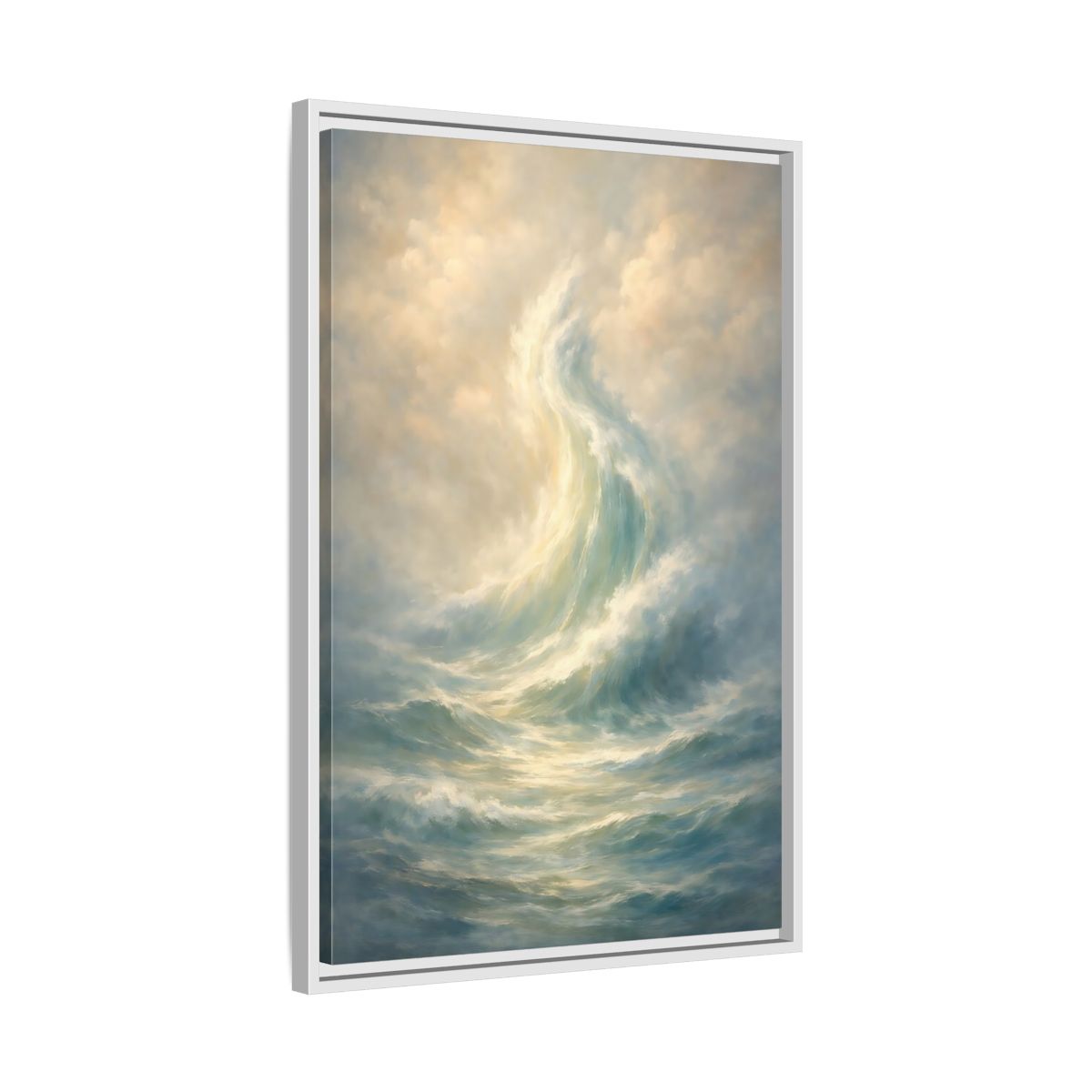 Side Mockup 11. Nature Ocean Wave Blue And Gold shown as stretched canvas wall art