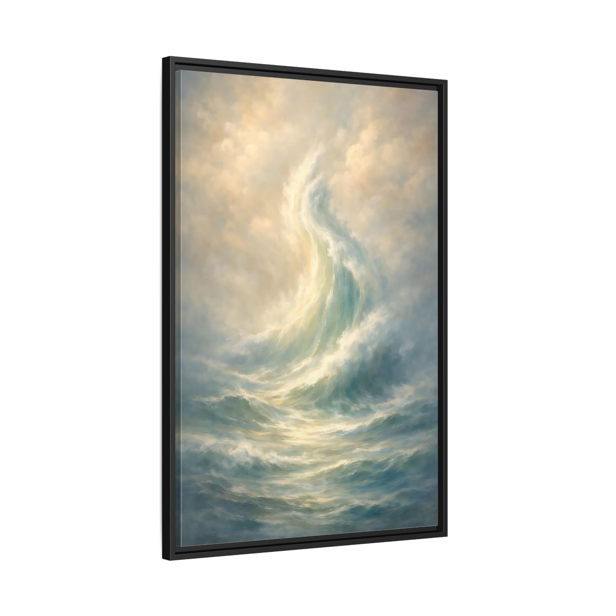 Side Mockup 13. Nature Ocean Wave Blue And Gold shown as stretched canvas wall art