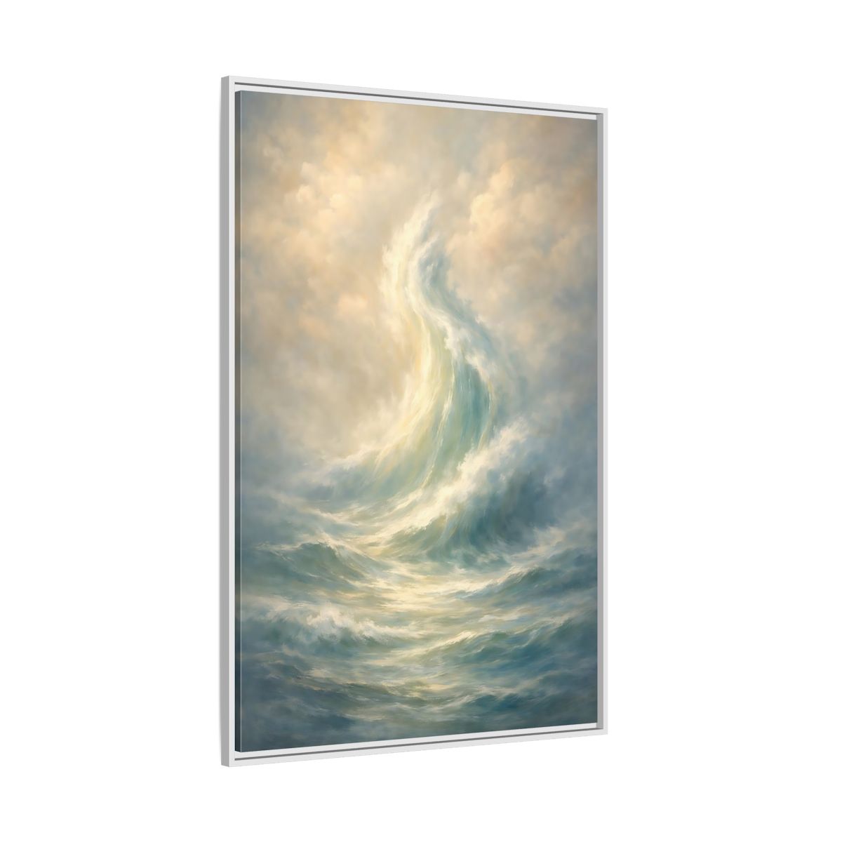 Side Mockup 7. Nature Ocean Wave Blue And Gold shown as stretched canvas wall art