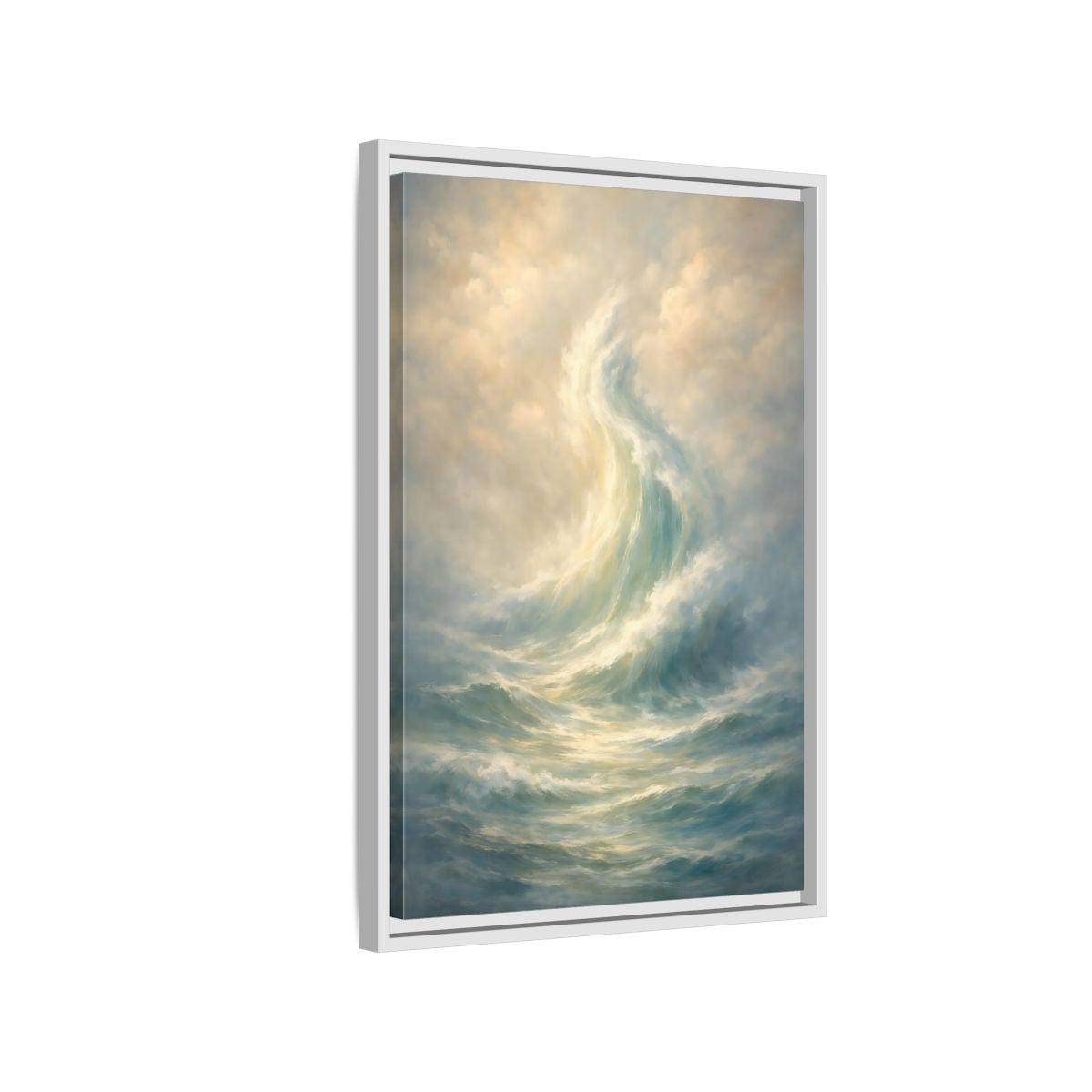 Side Mockup 1. Nature Ocean Wave Blue And Gold shown as stretched canvas wall art