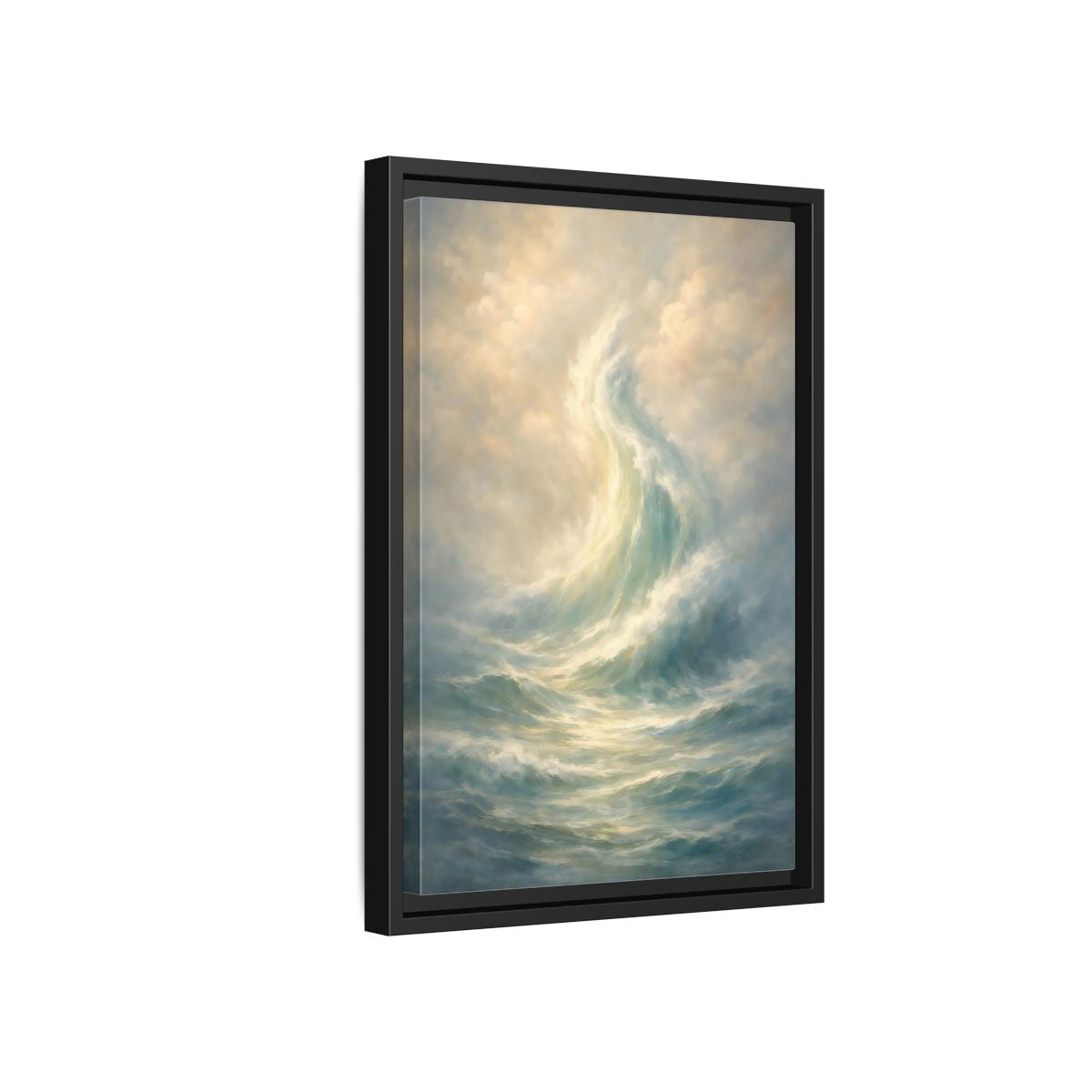 Side Mockup 6. Nature Ocean Wave Blue And Gold shown as stretched canvas wall art