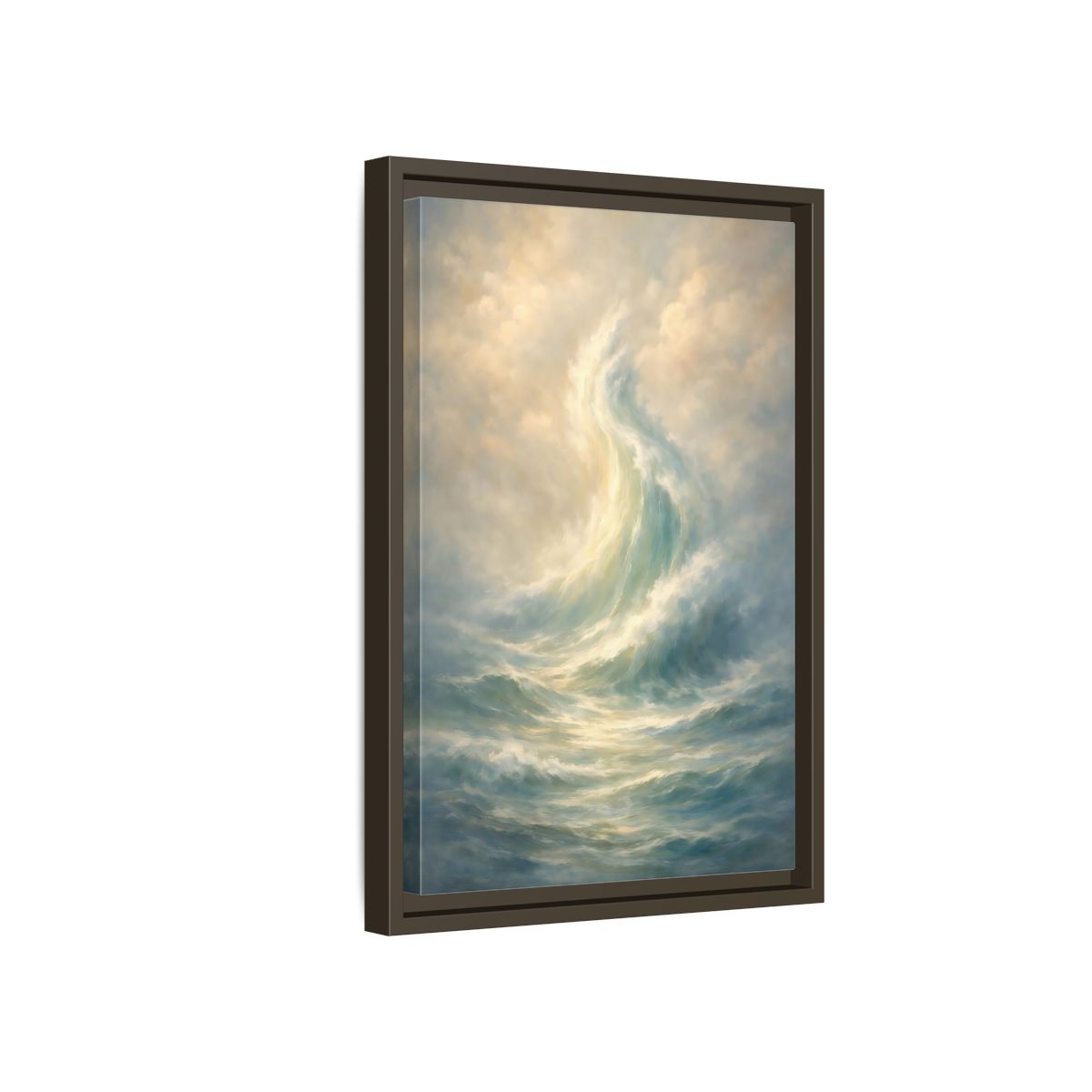 Side Mockup 5. Nature Ocean Wave Blue And Gold shown as stretched canvas wall art
