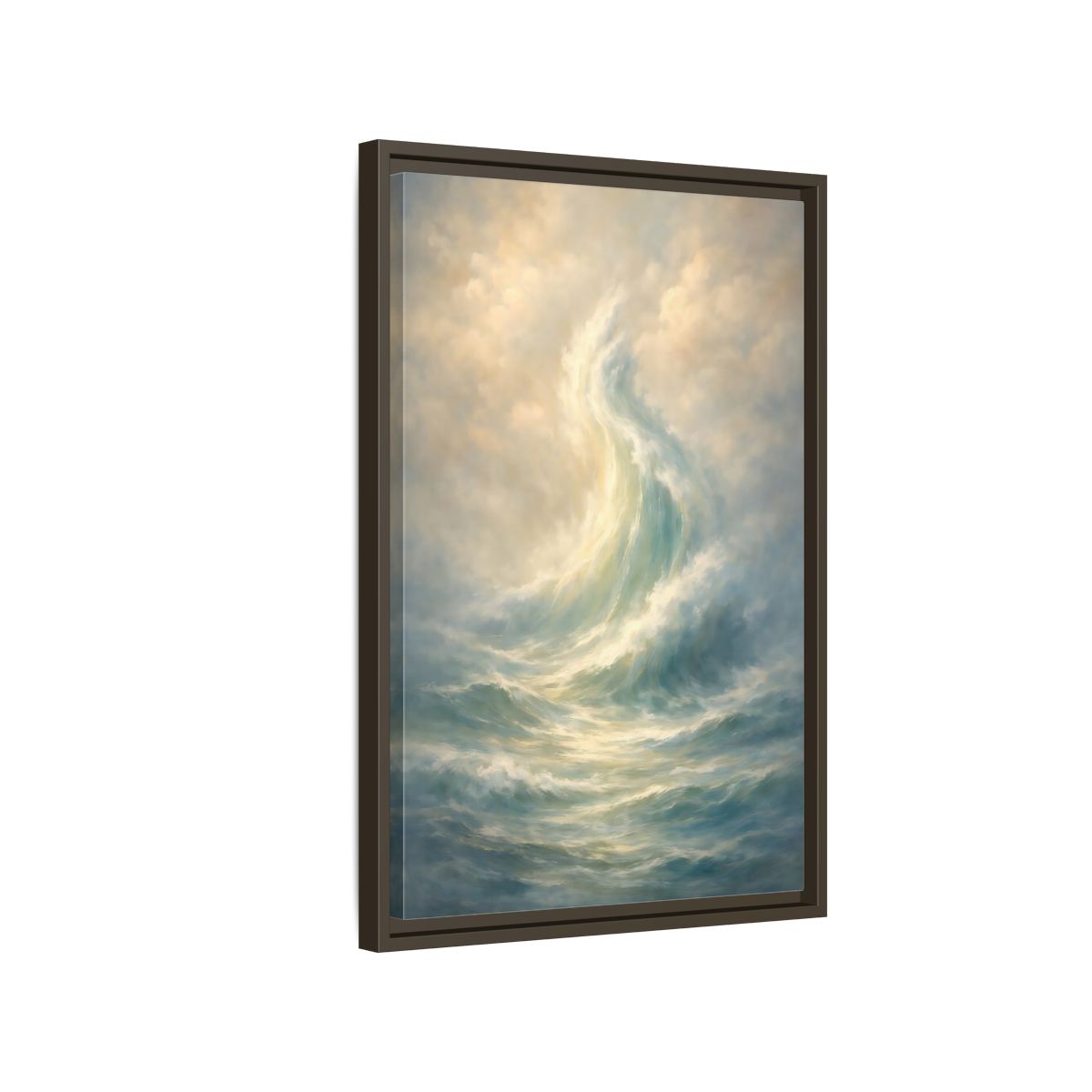 Side Mockup 2. Nature Ocean Wave Blue And Gold shown as stretched canvas wall art