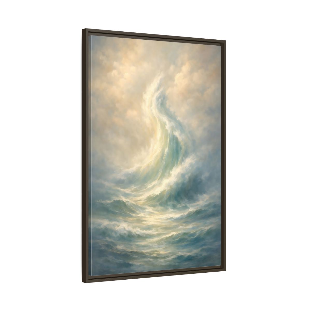 Side Mockup 10. Nature Ocean Wave Blue And Gold shown as stretched canvas wall art