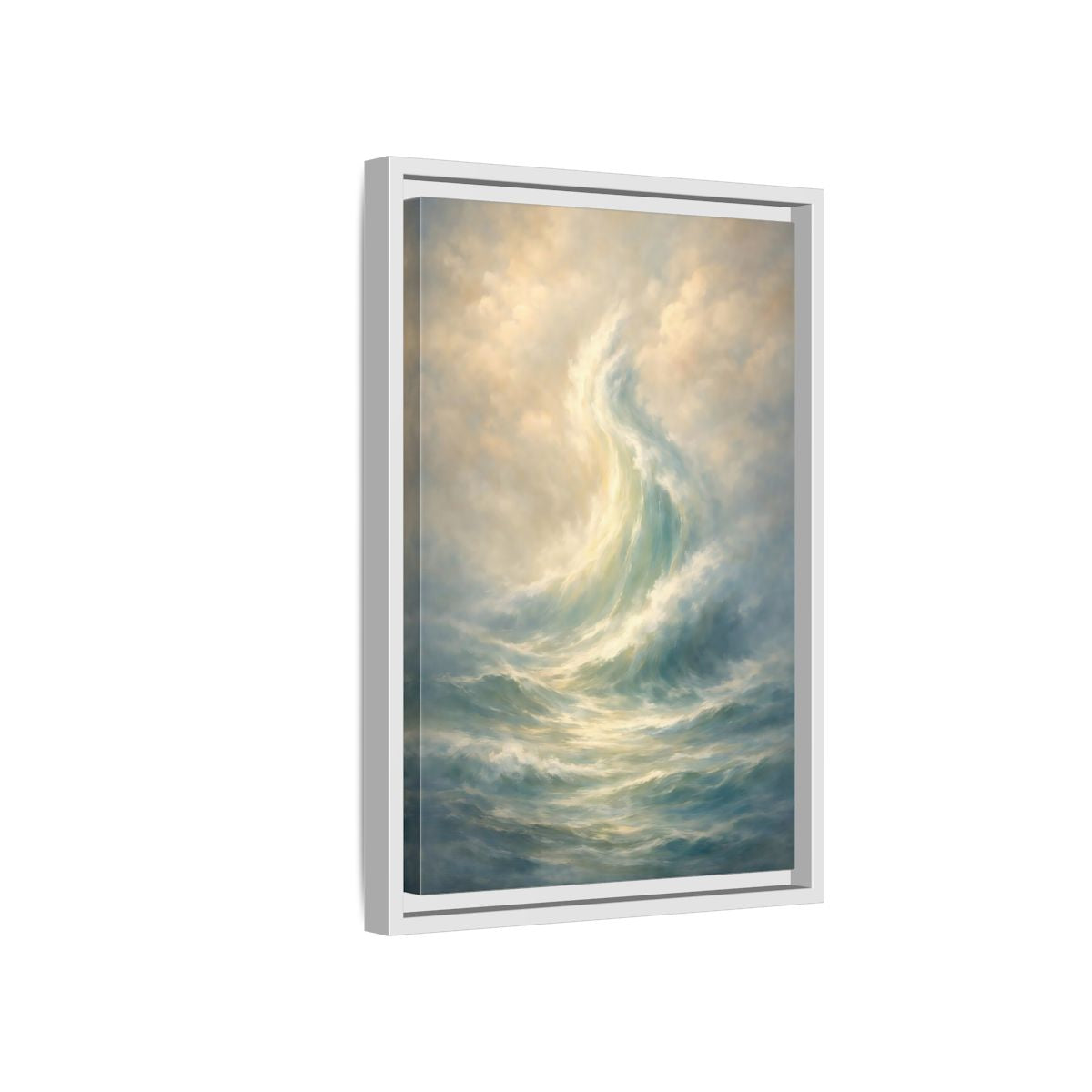 Side Mockup 4. Nature Ocean Wave Blue And Gold shown as stretched canvas wall art