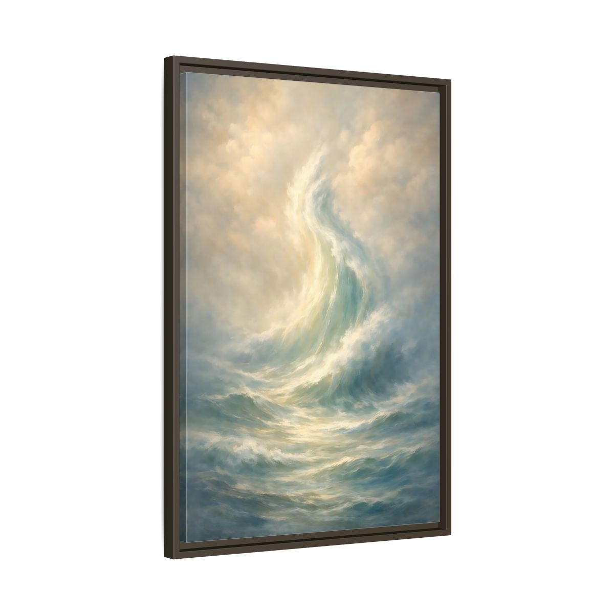 Side Mockup 12. Nature Ocean Wave Blue And Gold shown as stretched canvas wall art