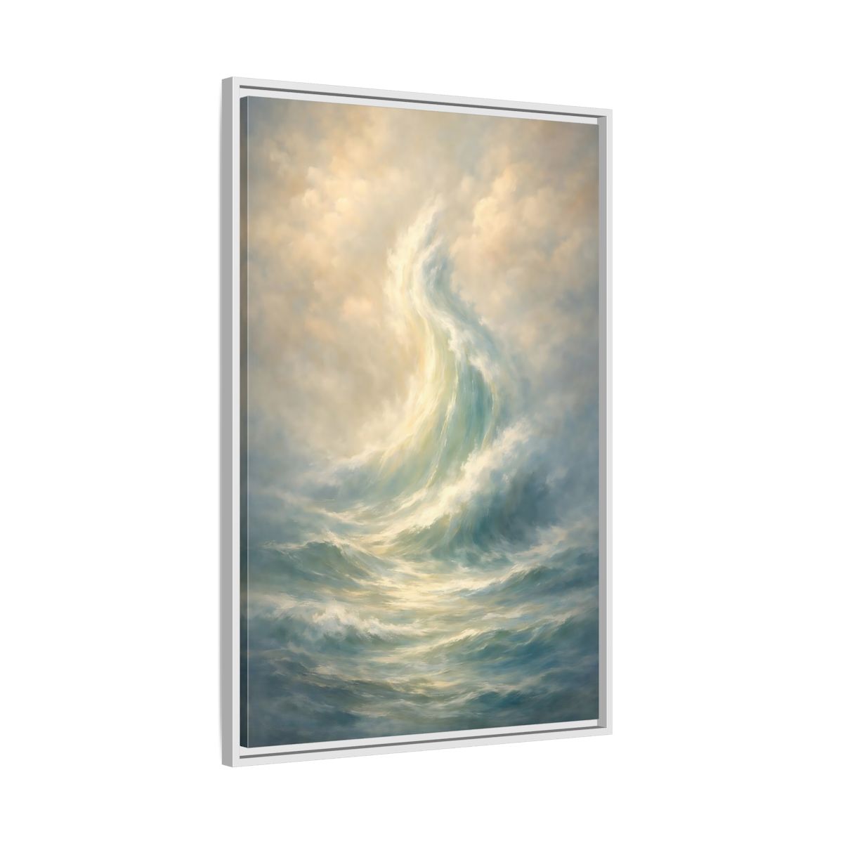 Side Mockup 9. Nature Ocean Wave Blue And Gold shown as stretched canvas wall art