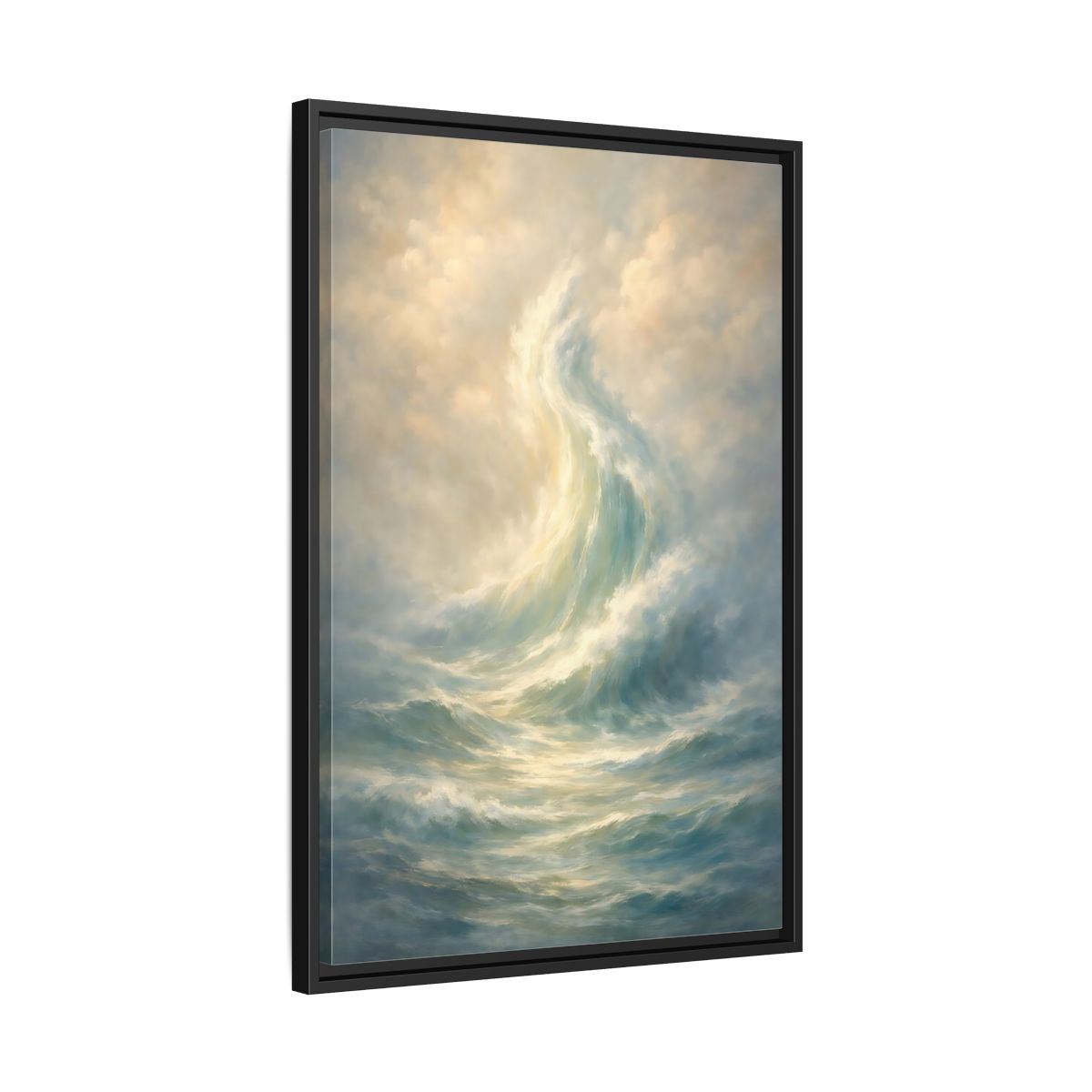 Side Mockup 14. Nature Ocean Wave Blue And Gold shown as stretched canvas wall art