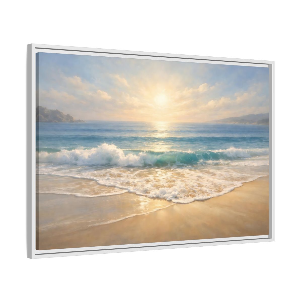 Side Mockup 8. Nature Ocean Wave Blue And Gold shown as stretched canvas wall art