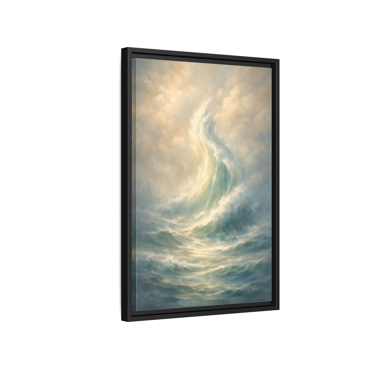Side Mockup 3. Nature Ocean Wave Blue And Gold shown as stretched canvas wall art