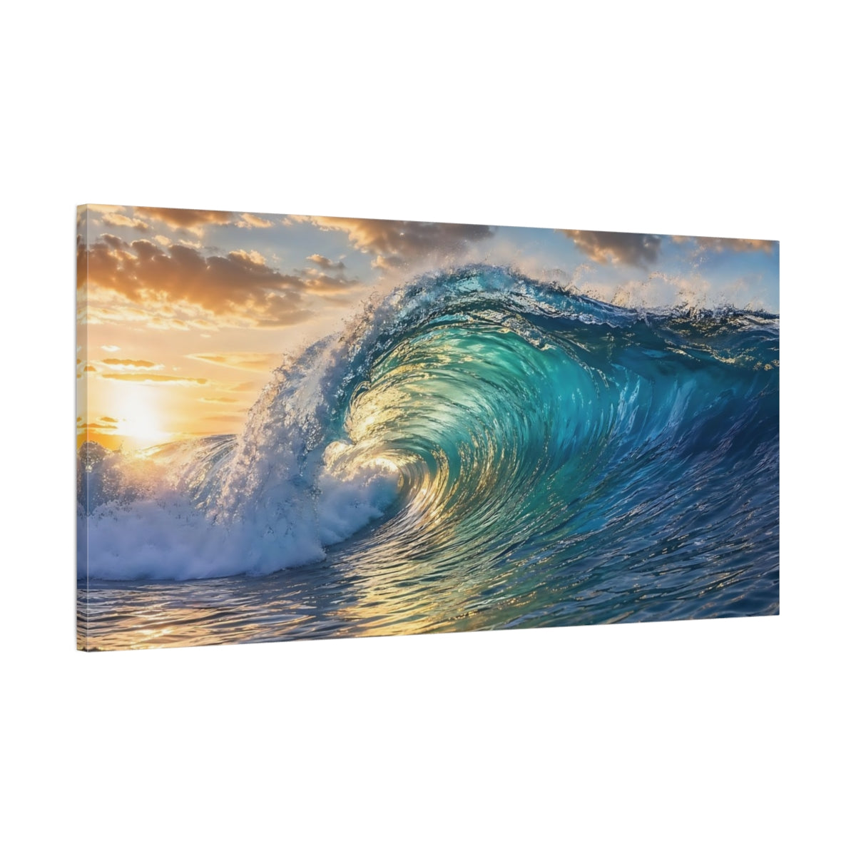 Main Mockup. Nature Ocean Wave Blue And Gold Ocean Wave shown as stretched canvas wall art
