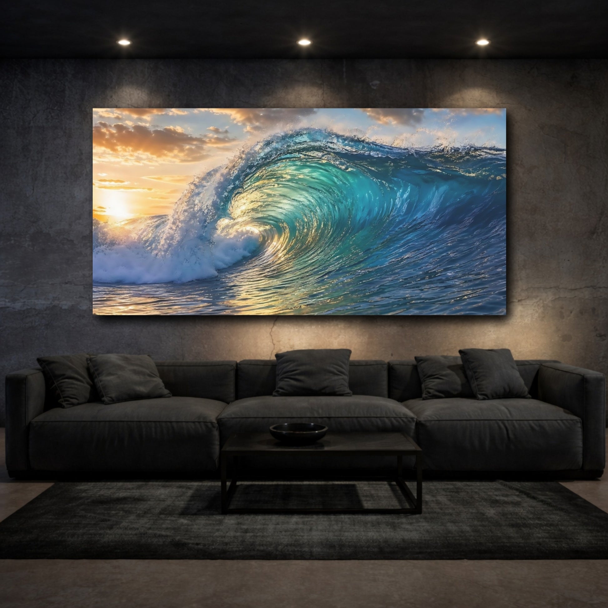 Mockup 2. Nature Ocean Wave Blue And Gold Ocean Wave shown as stretched canvas wall art
