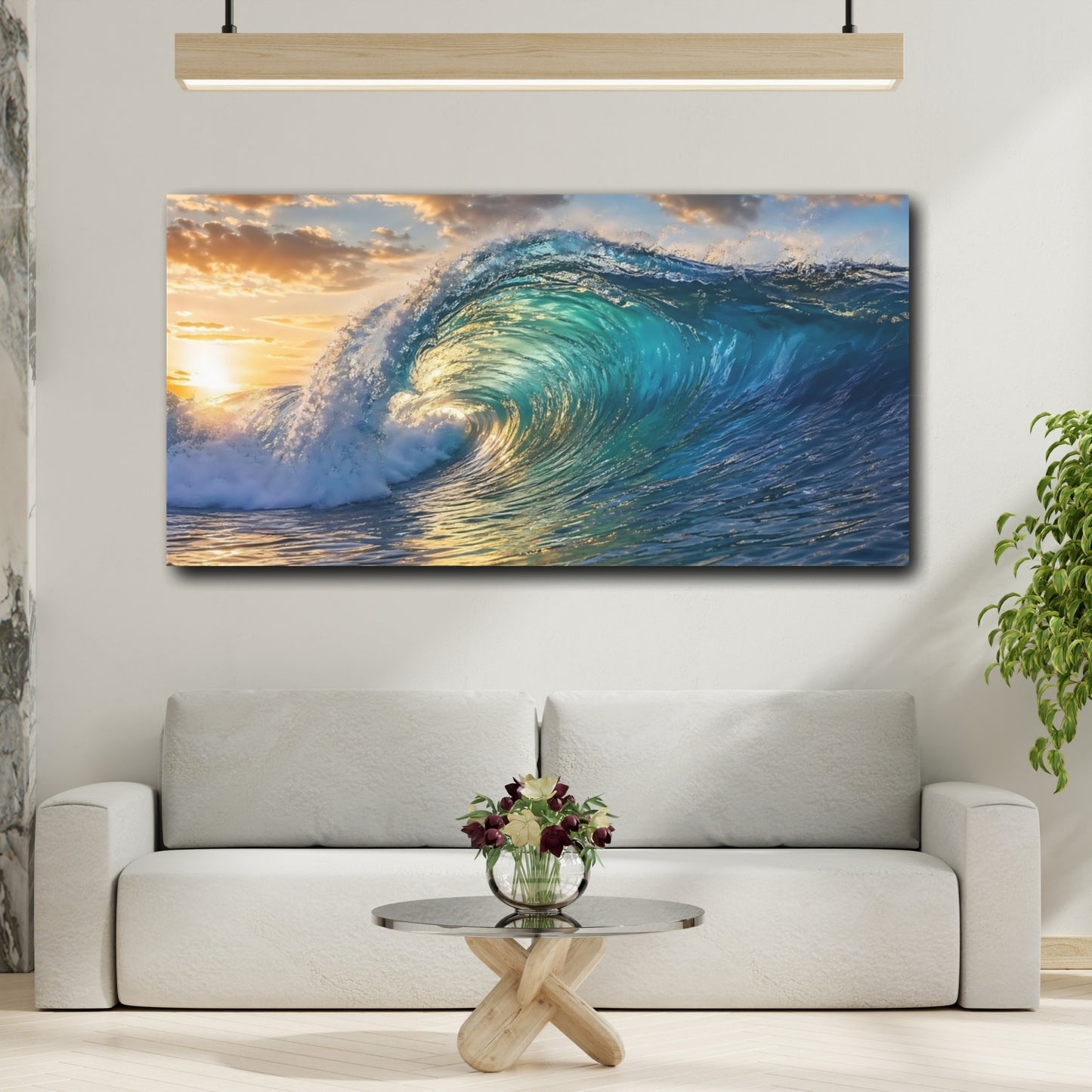 Mockup 3. Nature Ocean Wave Blue And Gold Ocean Wave shown as stretched canvas wall art