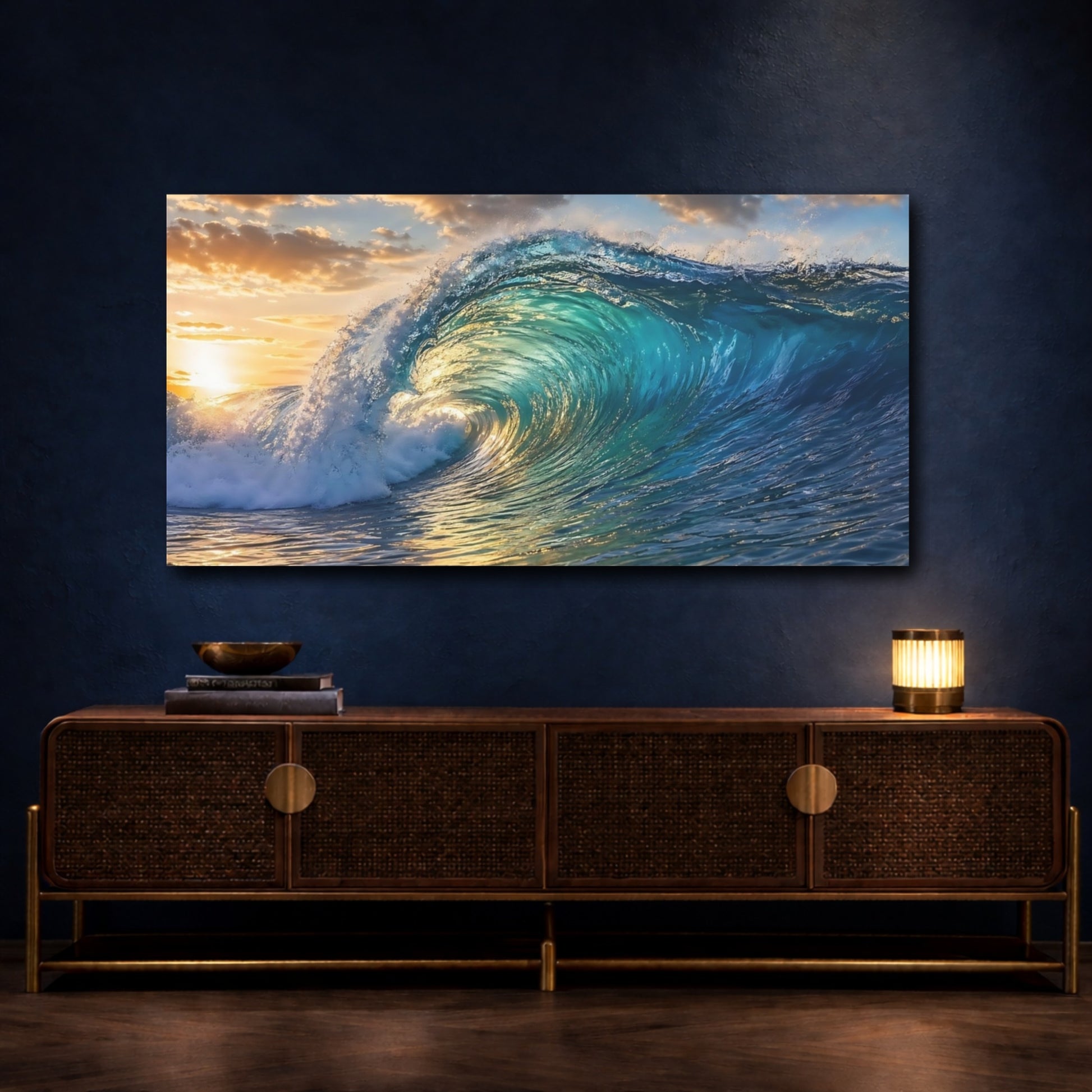 Mockup 4. Nature Ocean Wave Blue And Gold Ocean Wave shown as stretched canvas wall art