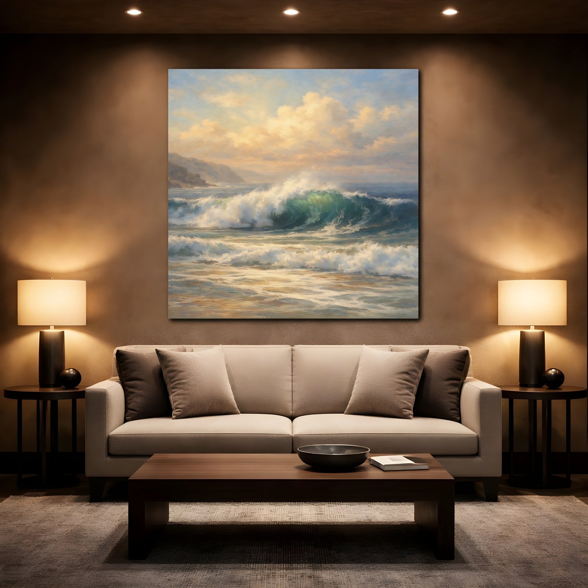 Mockup 2. Nature Ocean Wave Blue And Gold shown as stretched canvas wall art