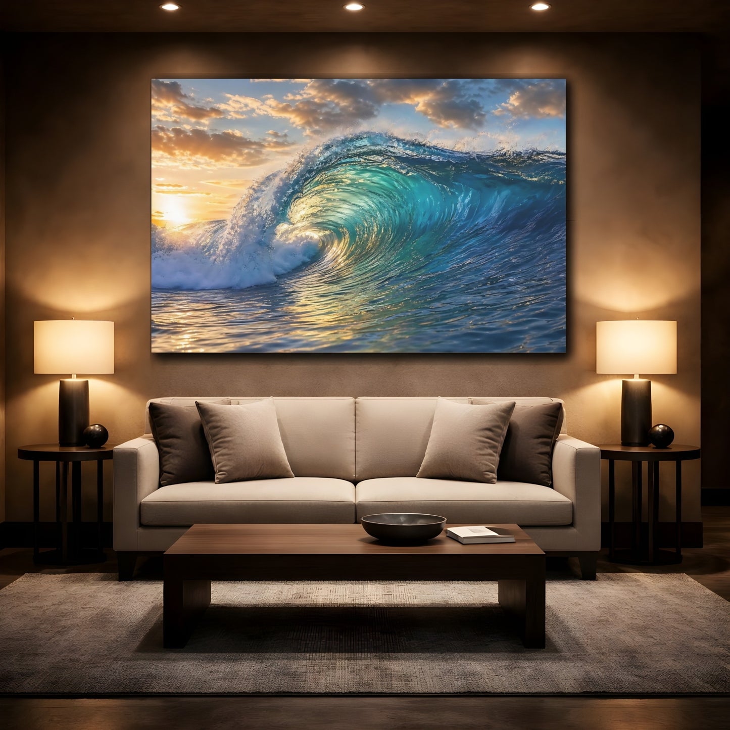 Mockup 2. Nature Ocean Wave Blue And Gold shown as stretched canvas wall art