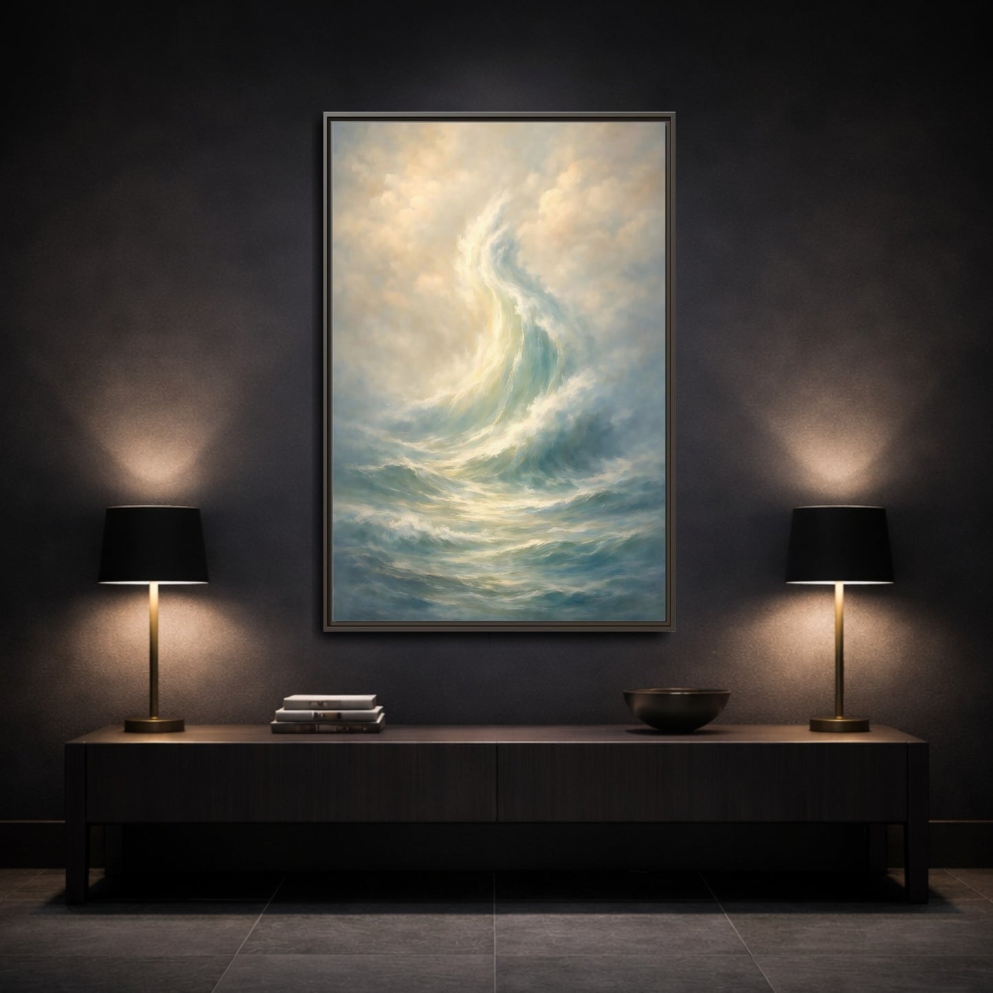 Mockup 2. Nature Ocean Wave Blue And Gold shown as stretched canvas wall art
