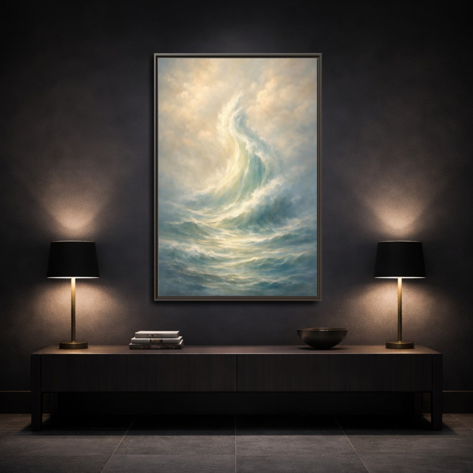 Mockup 2. Nature Ocean Wave Blue And Gold shown as stretched canvas wall art