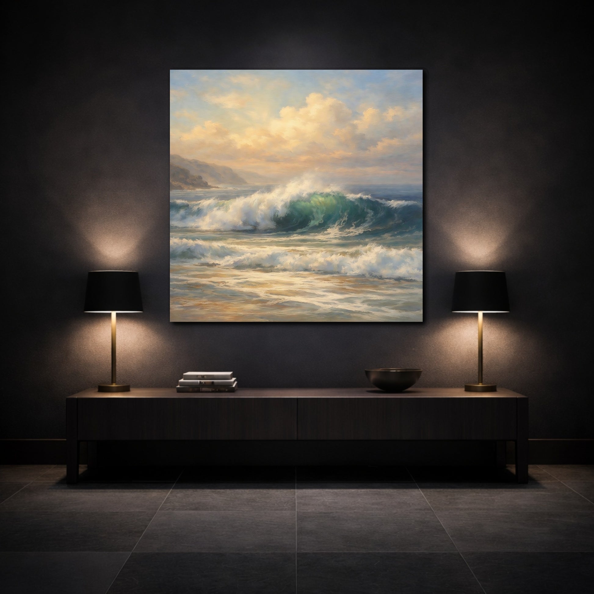 Mockup 3. Nature Ocean Wave Blue And Gold shown as stretched canvas wall art