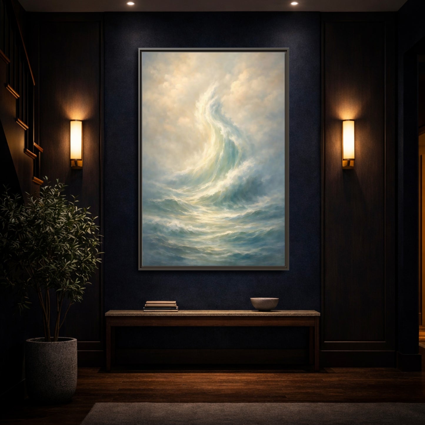 Mockup 3. Nature Ocean Wave Blue And Gold shown as stretched canvas wall art