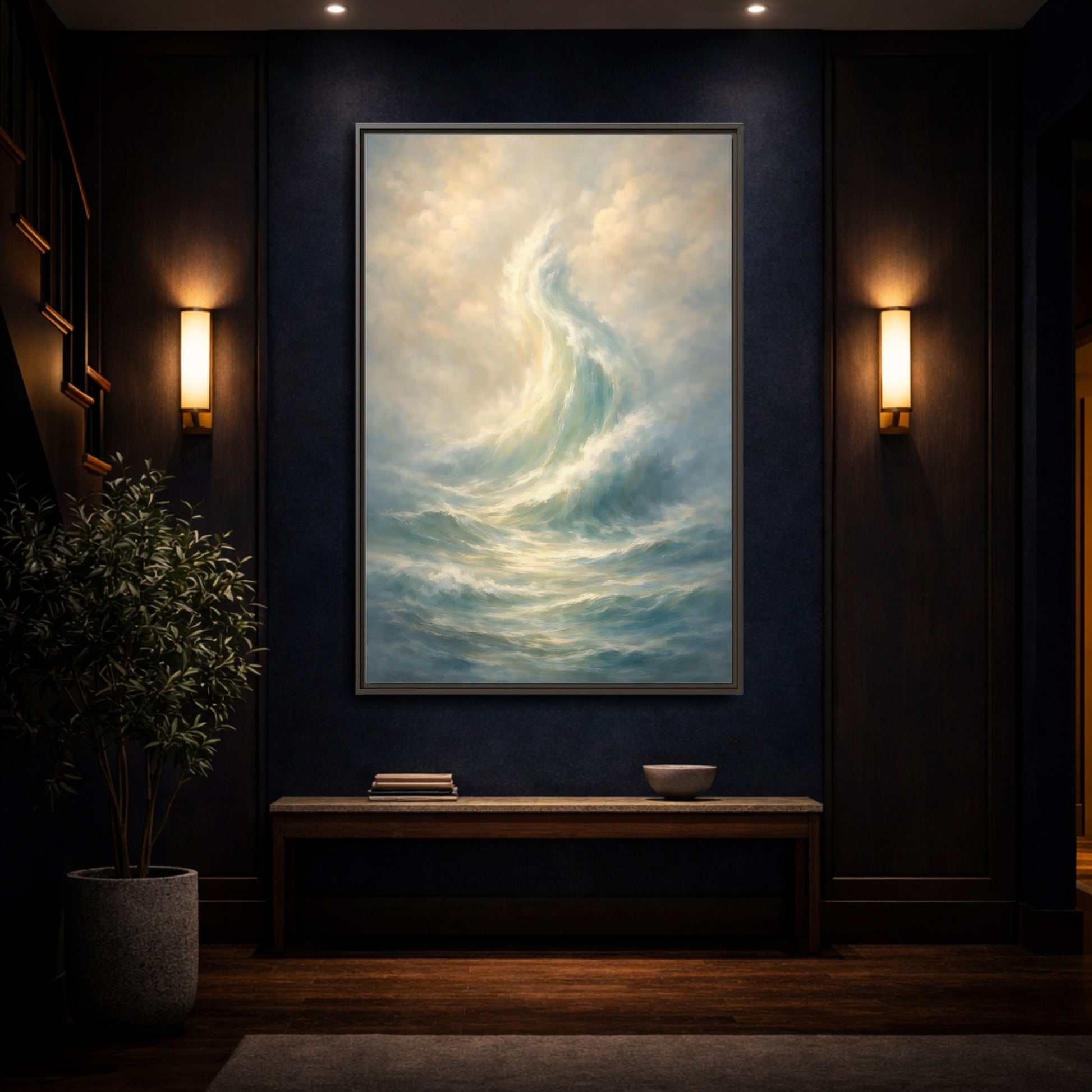 Mockup 3. Nature Ocean Wave Blue And Gold shown as stretched canvas wall art