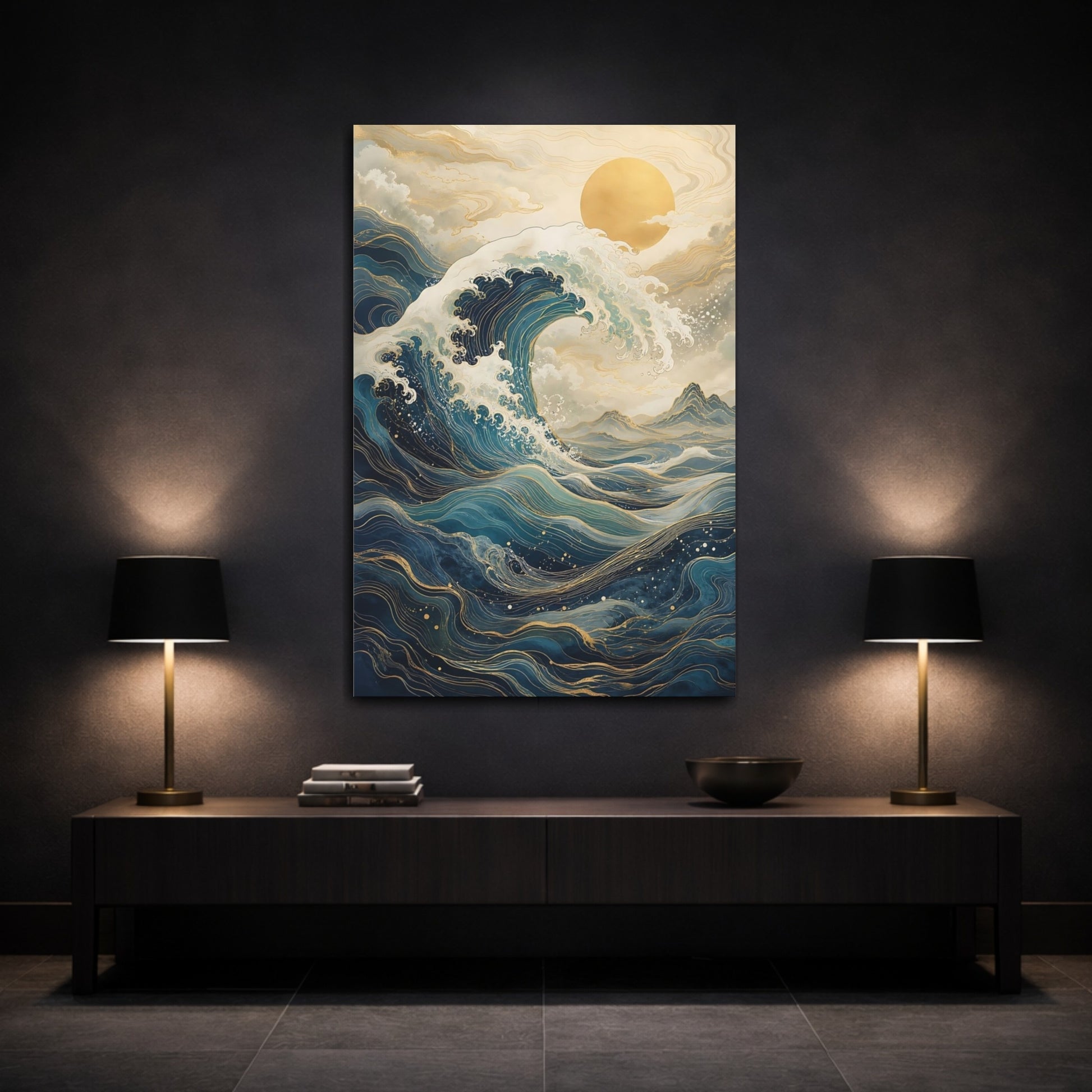 Mockup 3. Nature Ocean Wave Blue And Gold shown as stretched canvas wall art