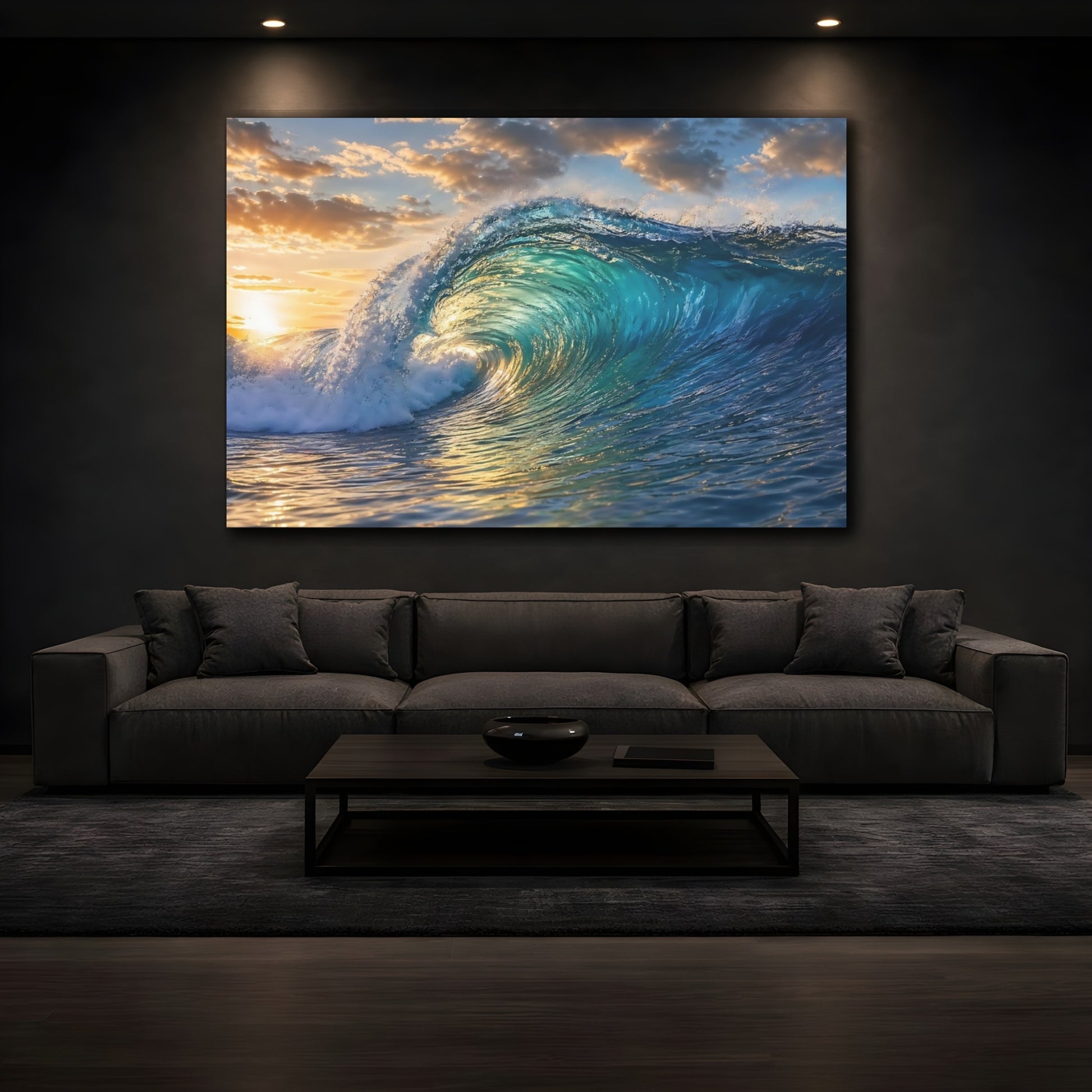 Mockup 3. Nature Ocean Wave Blue And Gold shown as stretched canvas wall art