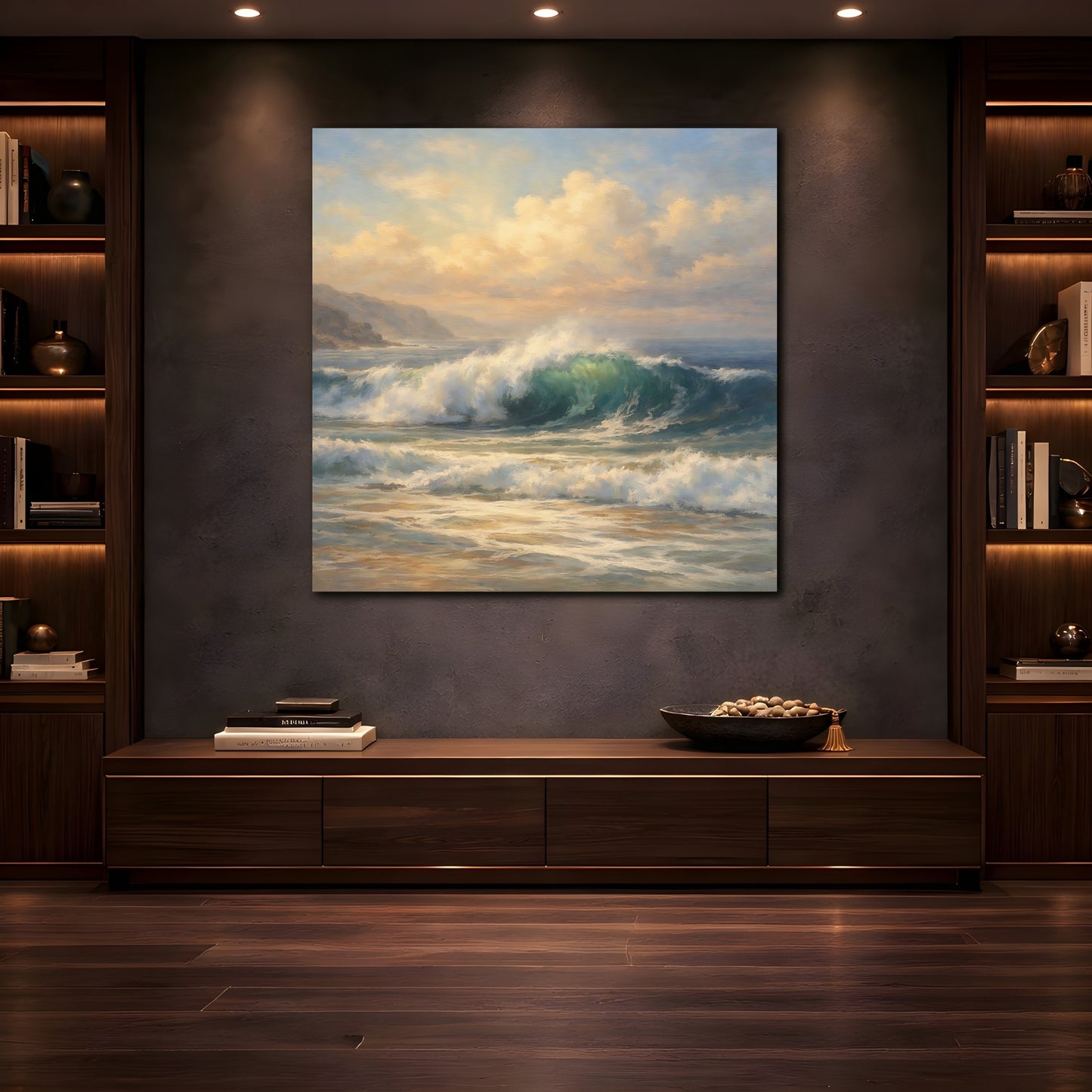 Mockup 4. Nature Ocean Wave Blue And Gold shown as stretched canvas wall art