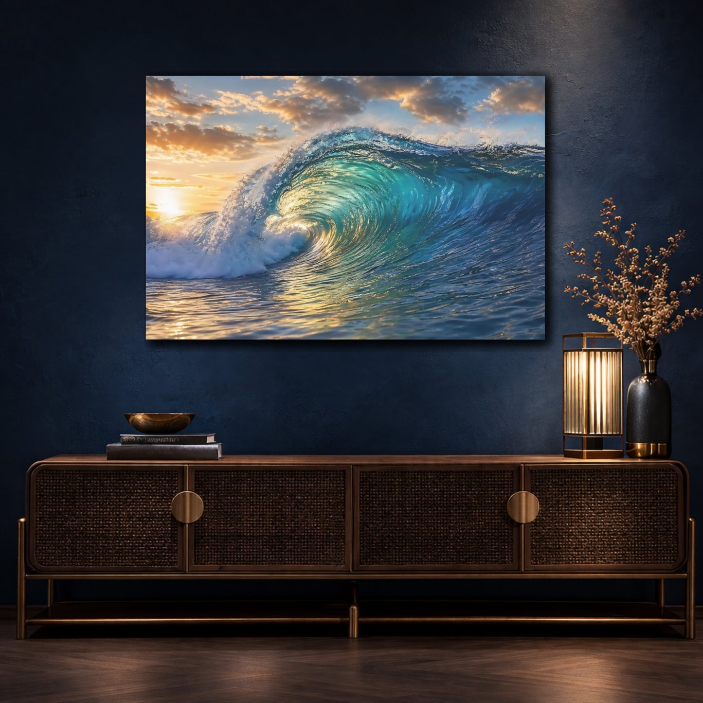 Mockup 4. Nature Ocean Wave Blue And Gold shown as stretched canvas wall art