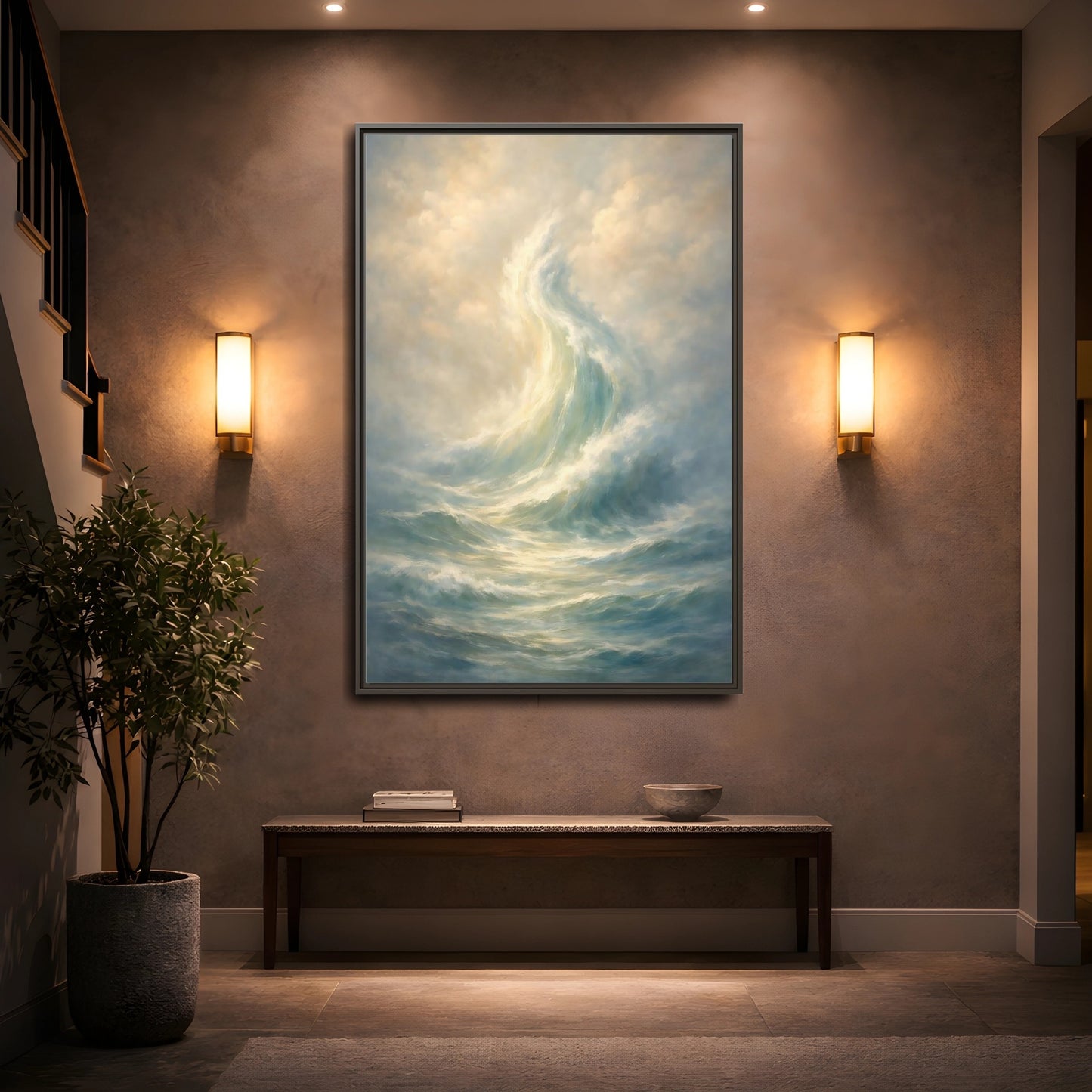 Mockup 4. Nature Ocean Wave Blue And Gold shown as stretched canvas wall art