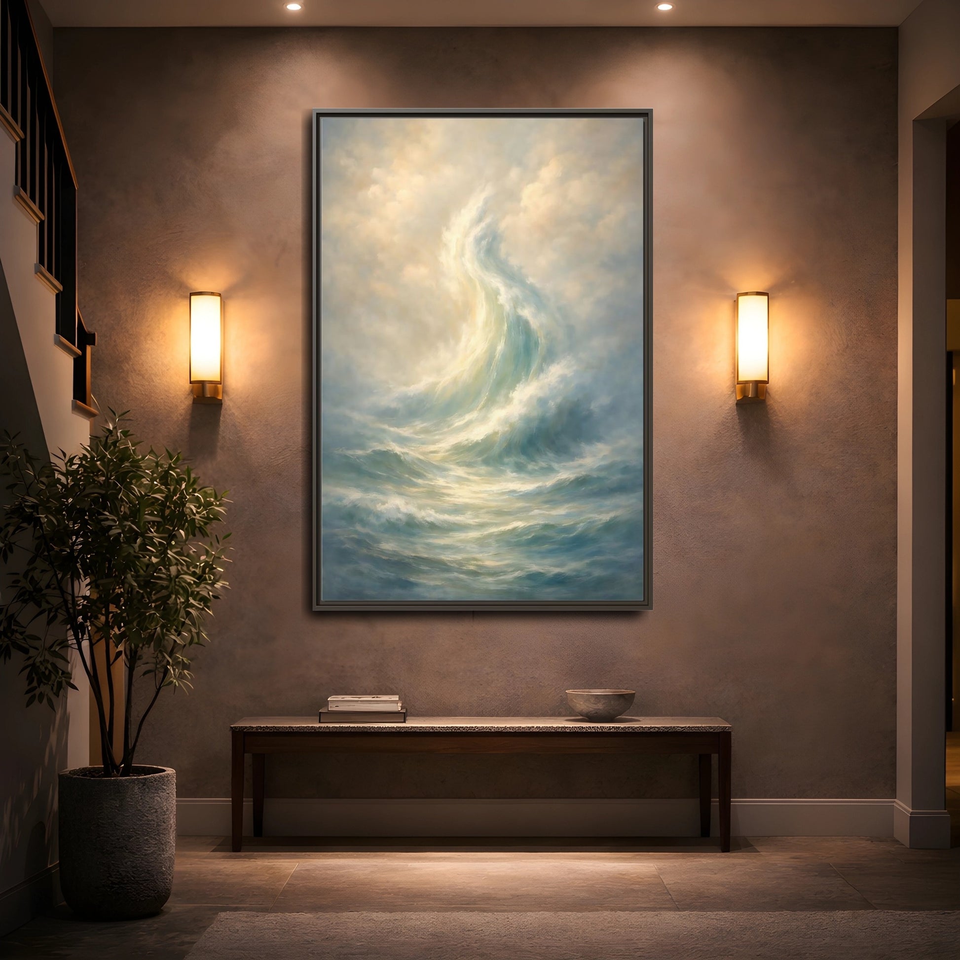 Mockup 4. Nature Ocean Wave Blue And Gold shown as stretched canvas wall art