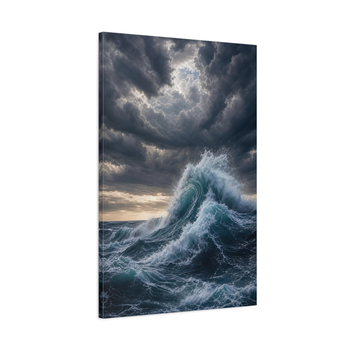 Main Mockup. Nature Ocean Wave Blue And Gray shown as stretched canvas wall art