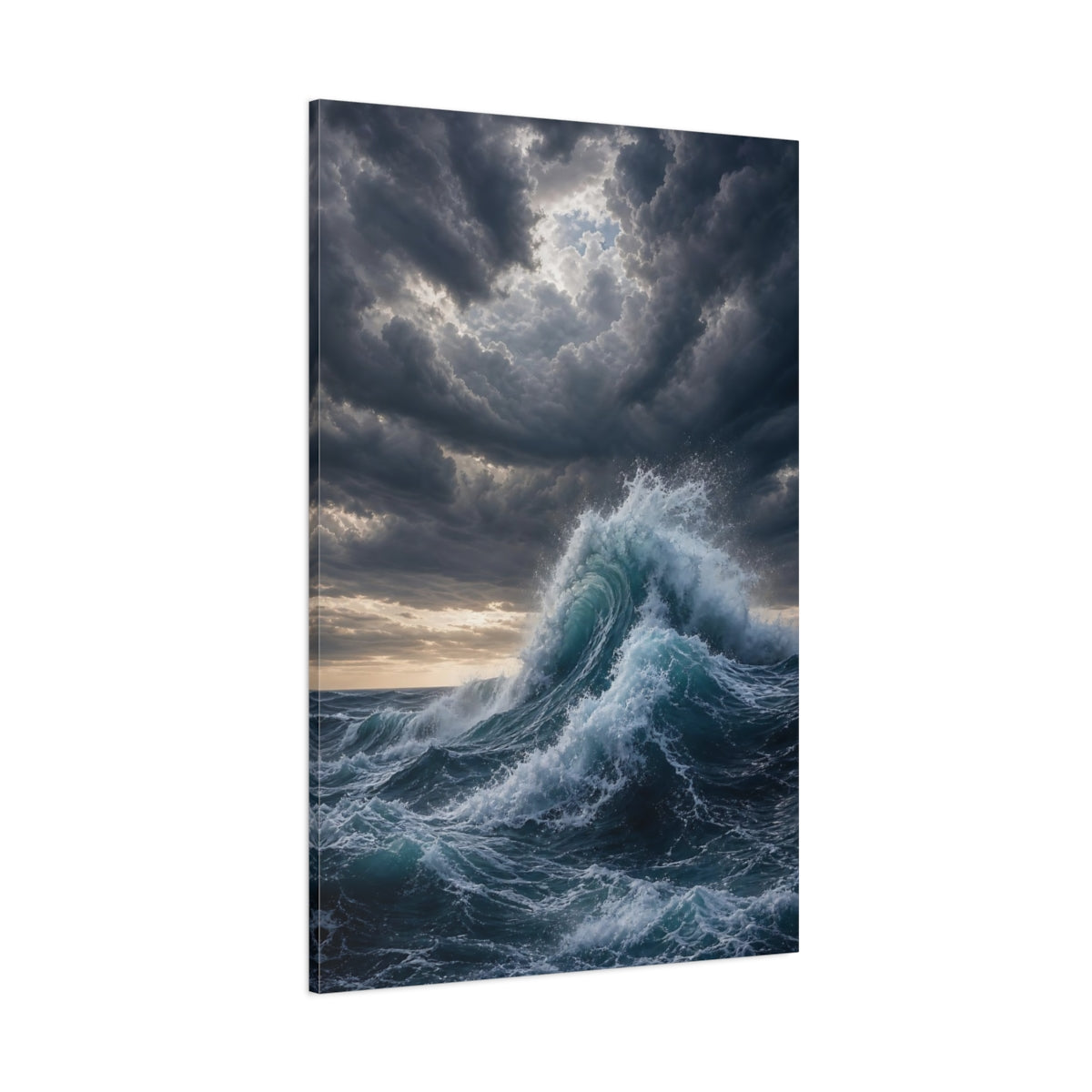 Side Mockup 1. Nature Ocean Wave Blue And Gray shown as stretched canvas wall art
