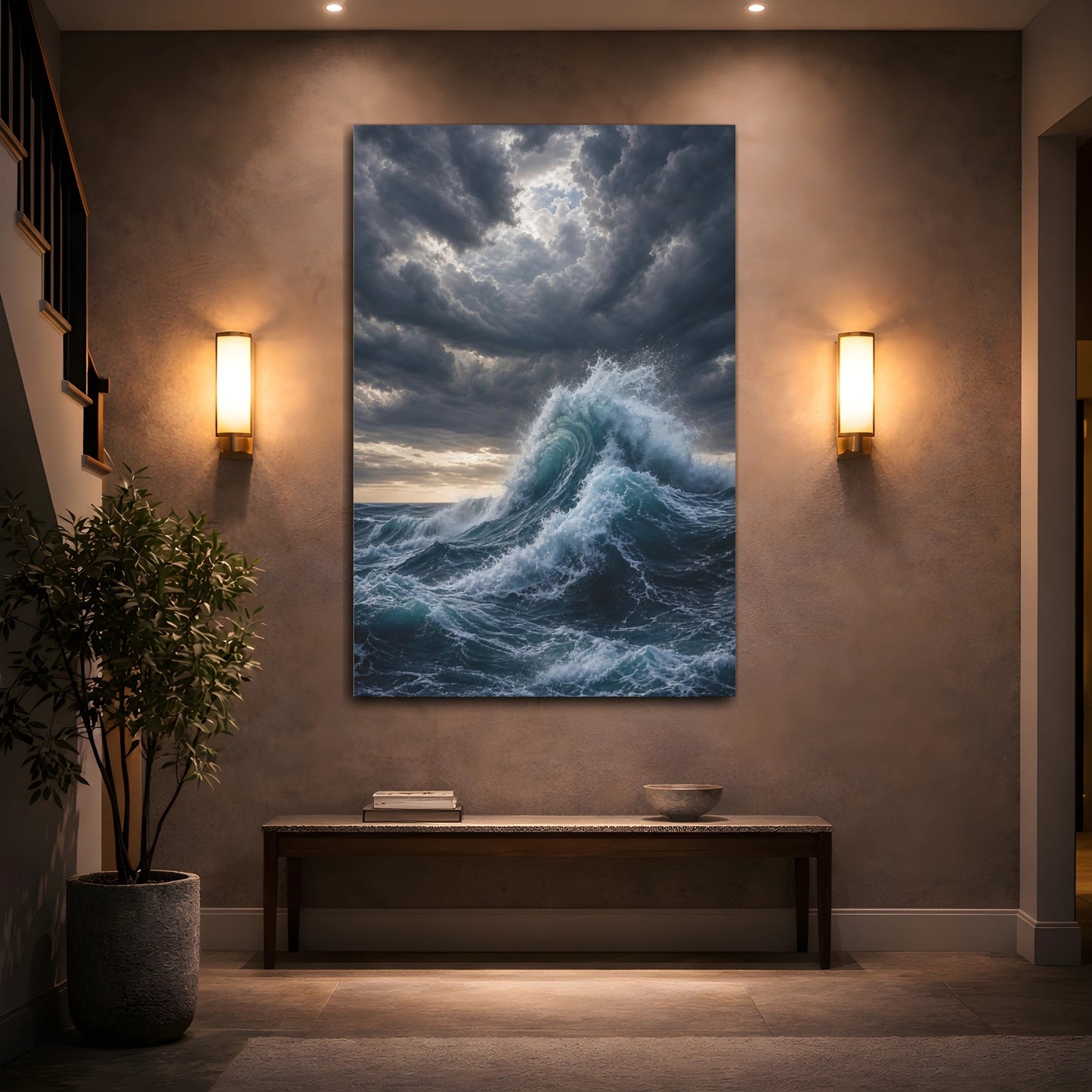 Mockup 2. Nature Ocean Wave Blue And Gray shown as stretched canvas wall art