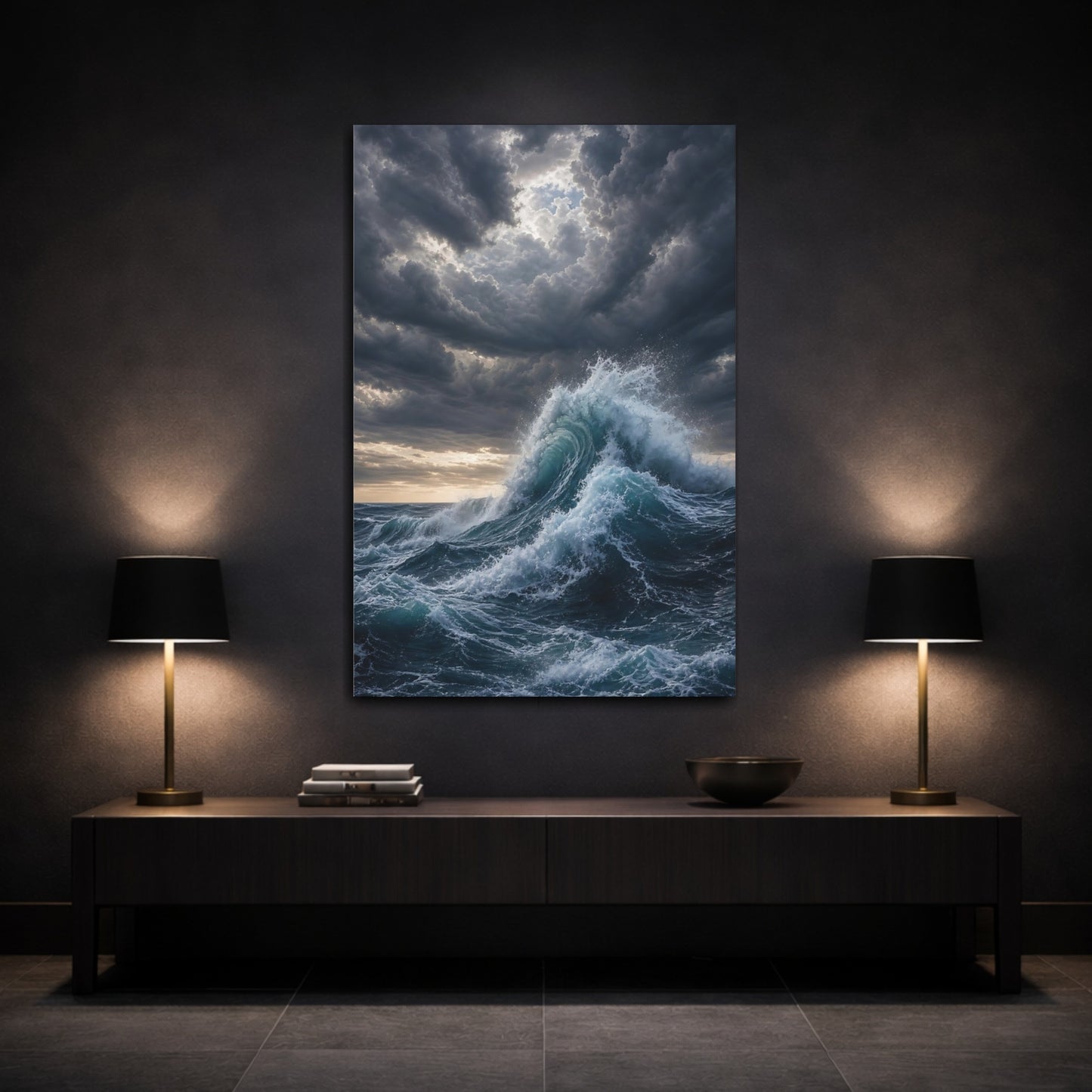 Mockup 3. Nature Ocean Wave Blue And Gray shown as stretched canvas wall art