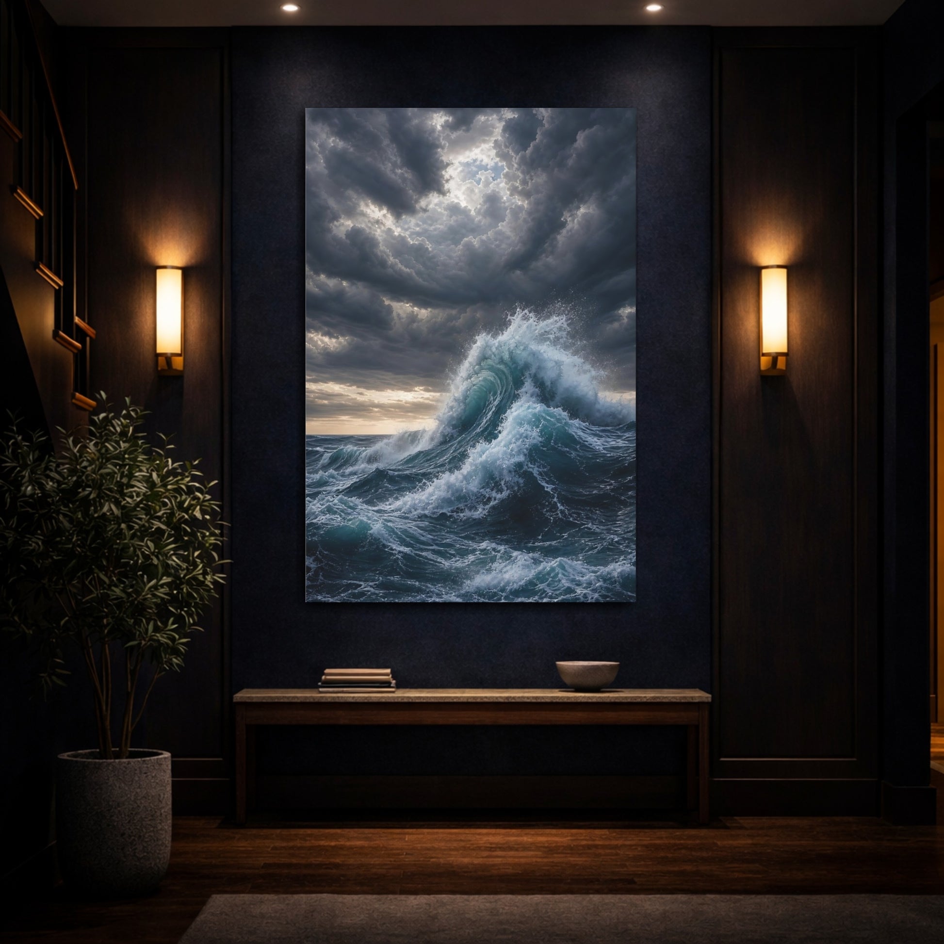 Mockup 4. Nature Ocean Wave Blue And Gray shown as stretched canvas wall art
