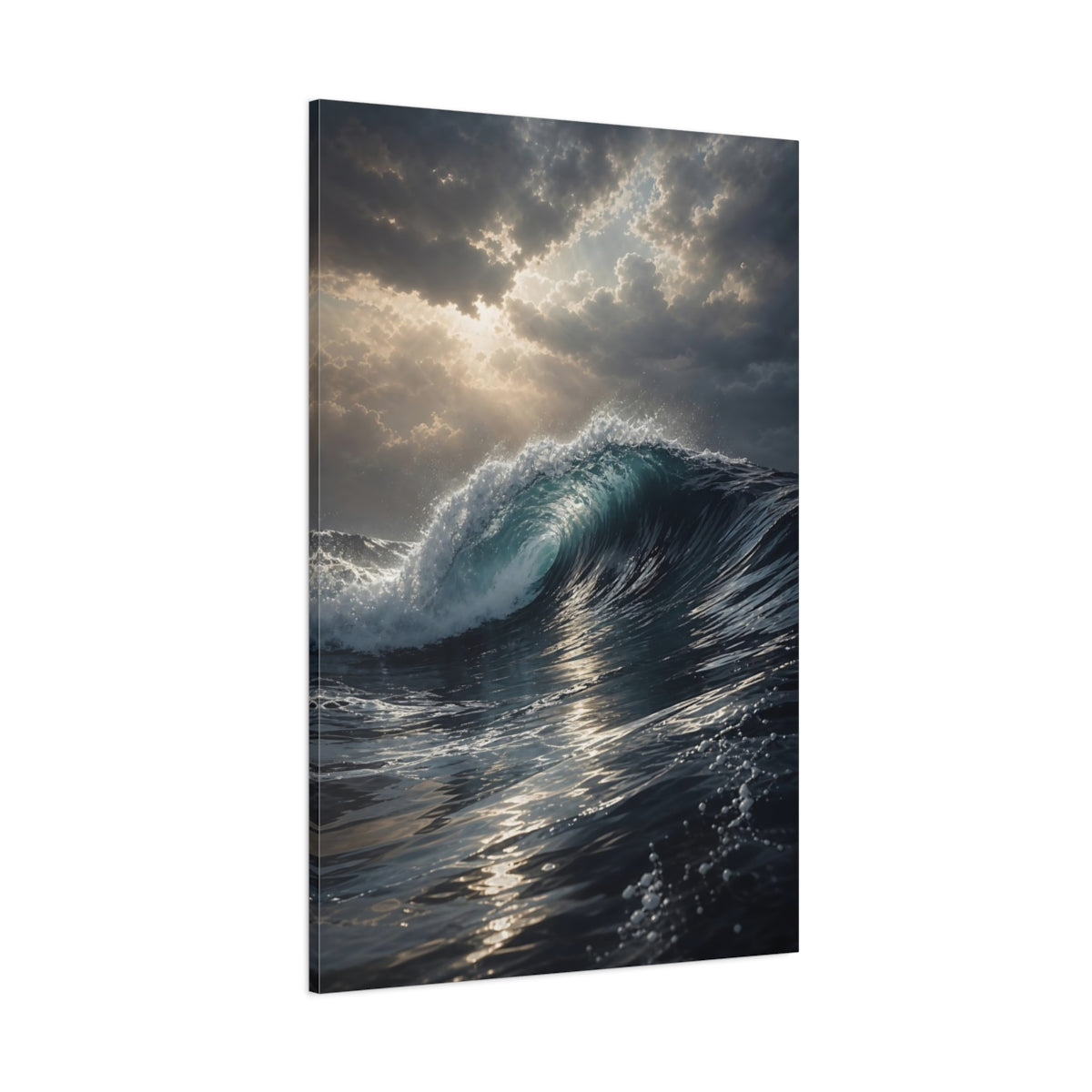 Side Mockup 1. Nature Ocean Wave Blue Ocean Wave shown as stretched canvas wall art