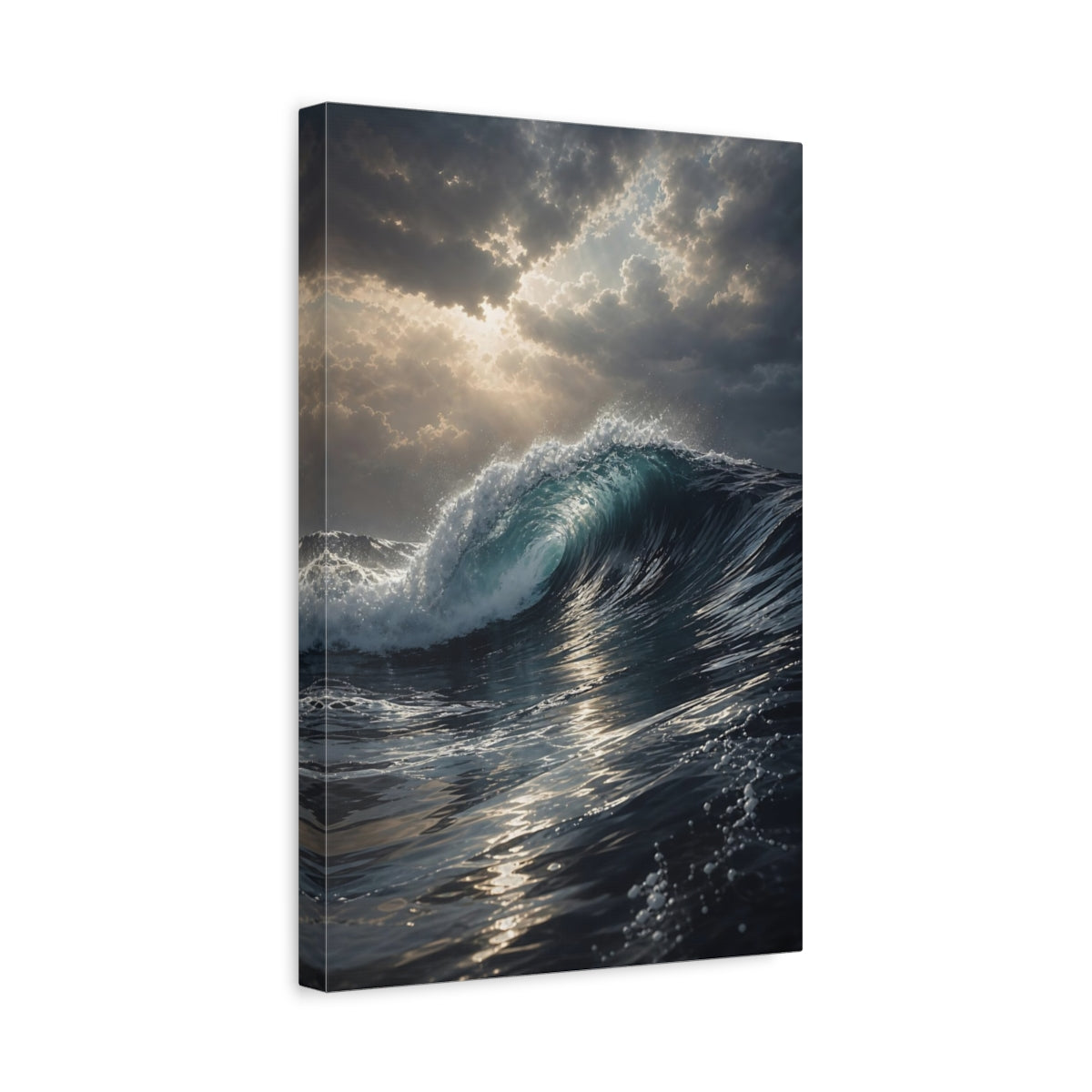 Side Mockup 4. Nature Ocean Wave Blue Ocean Wave shown as stretched canvas wall art