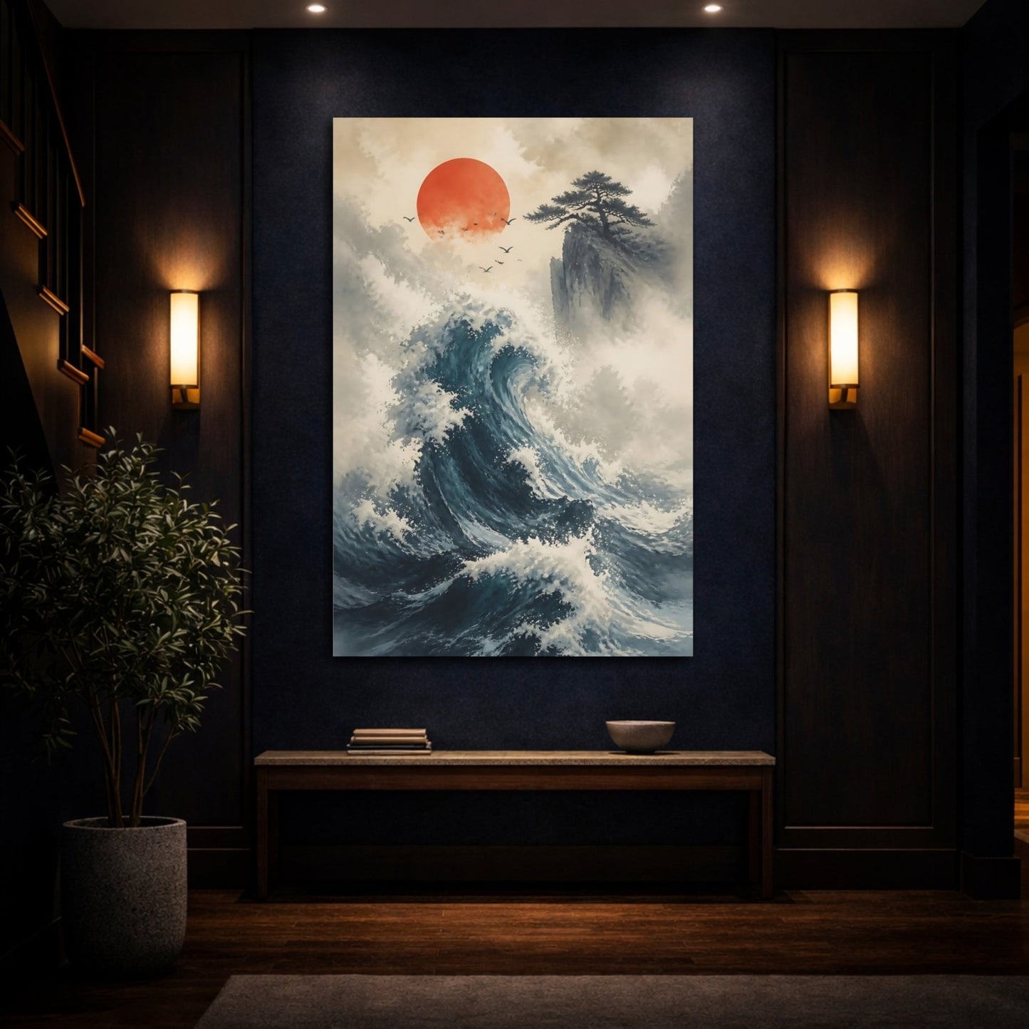 Nature Ocean Wave Blue Canvas Wall Art Print – Traditional Japanese Living Room, Large - YesArtYes