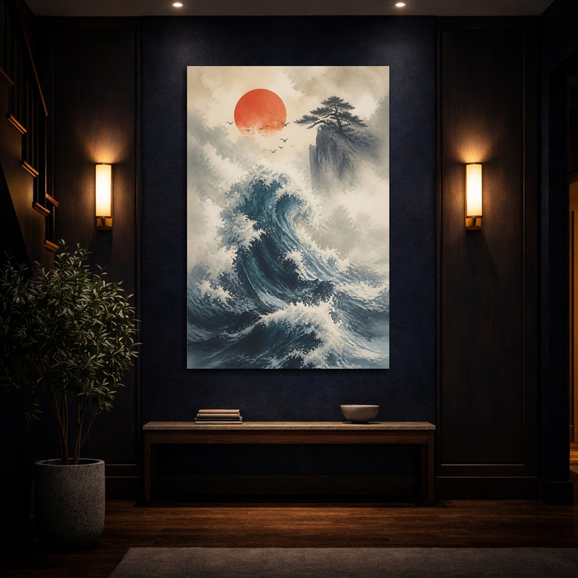 Nature Ocean Wave Blue Canvas Wall Art Print – Traditional Japanese Living Room, Large - YesArtYes