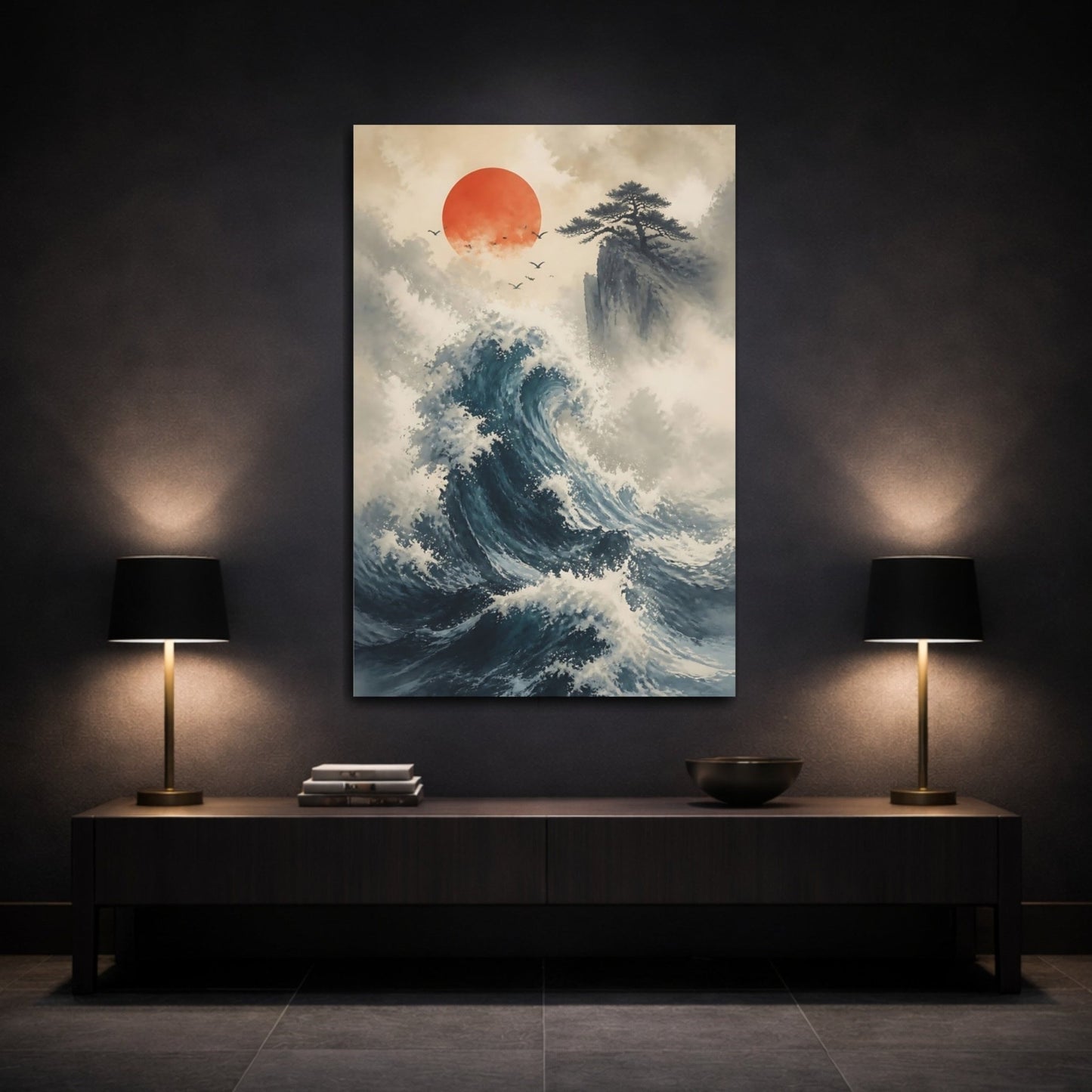 Nature Ocean Wave Blue Canvas Wall Art Print – Traditional Japanese Living Room, Large - YesArtYes
