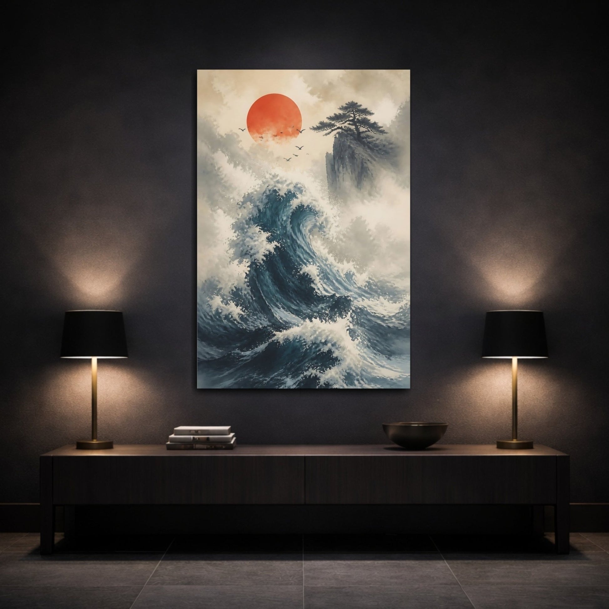 Nature Ocean Wave Blue Canvas Wall Art Print – Traditional Japanese Living Room, Large - YesArtYes