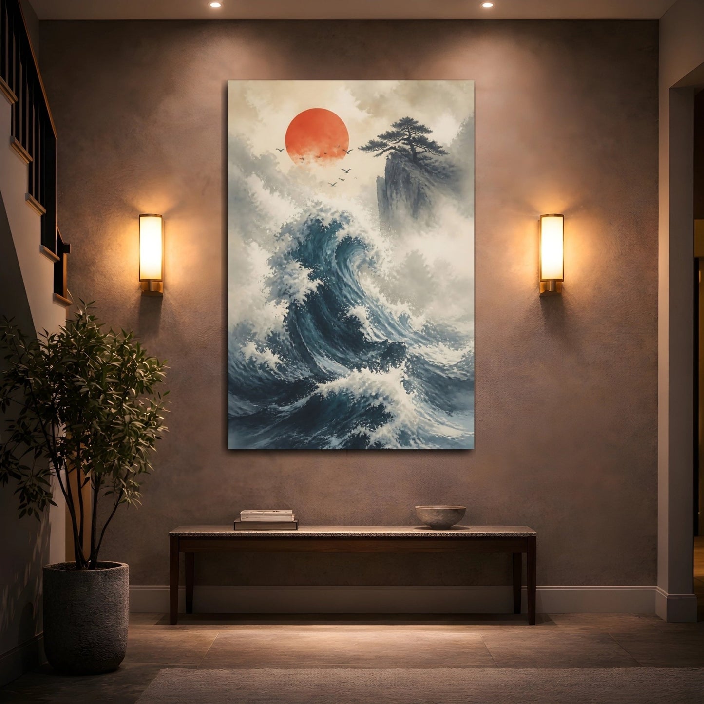 Nature Ocean Wave Blue Canvas Wall Art Print – Traditional Japanese Living Room, Large - YesArtYes
