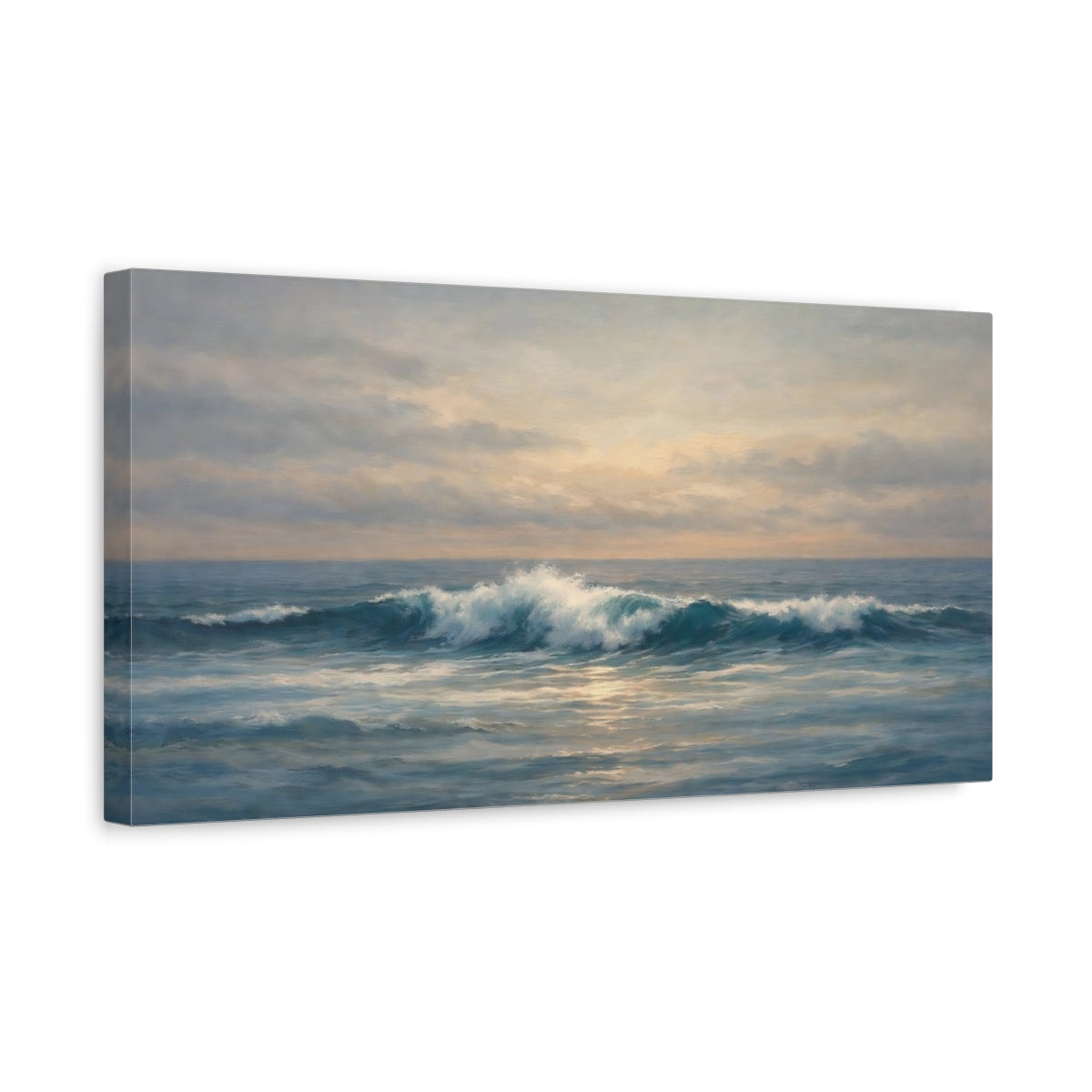 Side Mockup 3. Nature Ocean Wave Blue Ocean Wave shown as stretched canvas wall art