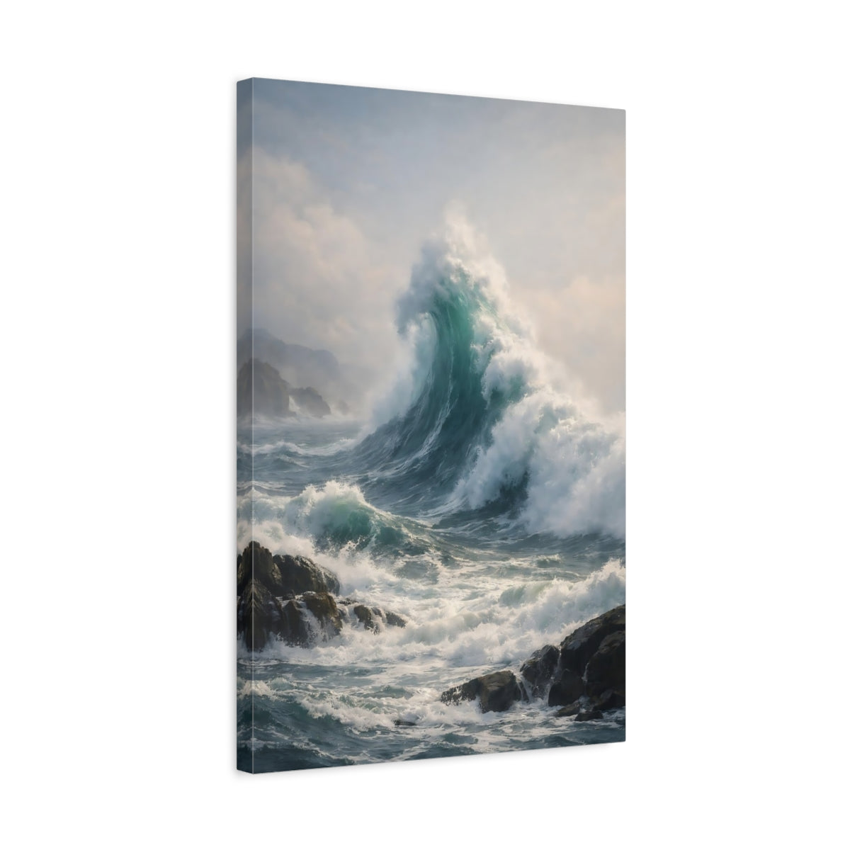 Side Mockup 3. Nature Ocean Wave Ocean Wave Blue shown as stretched canvas wall art