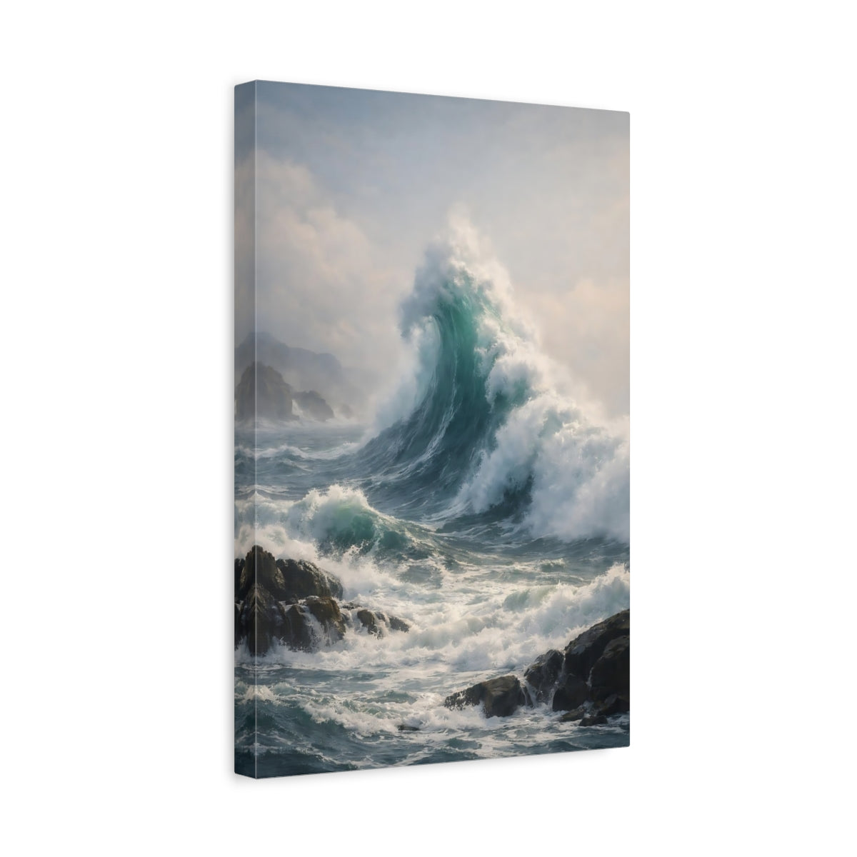 Side Mockup 4. Nature Ocean Wave Ocean Wave Blue shown as stretched canvas wall art