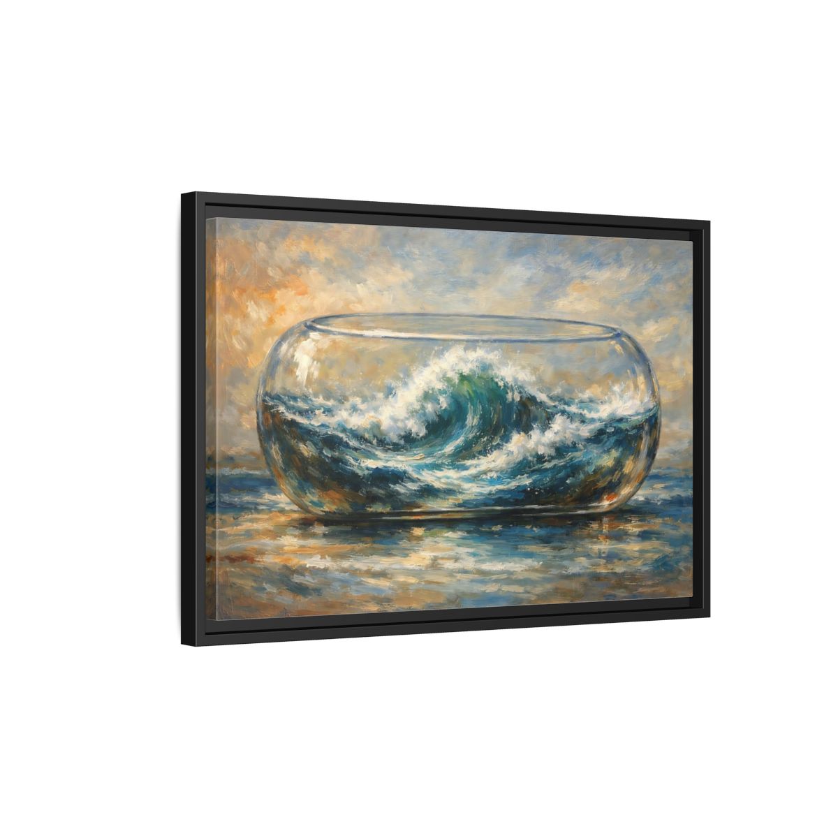 Side Mockup 3. Nature Ocean Wave Blue Ocean Wave shown as stretched canvas wall art