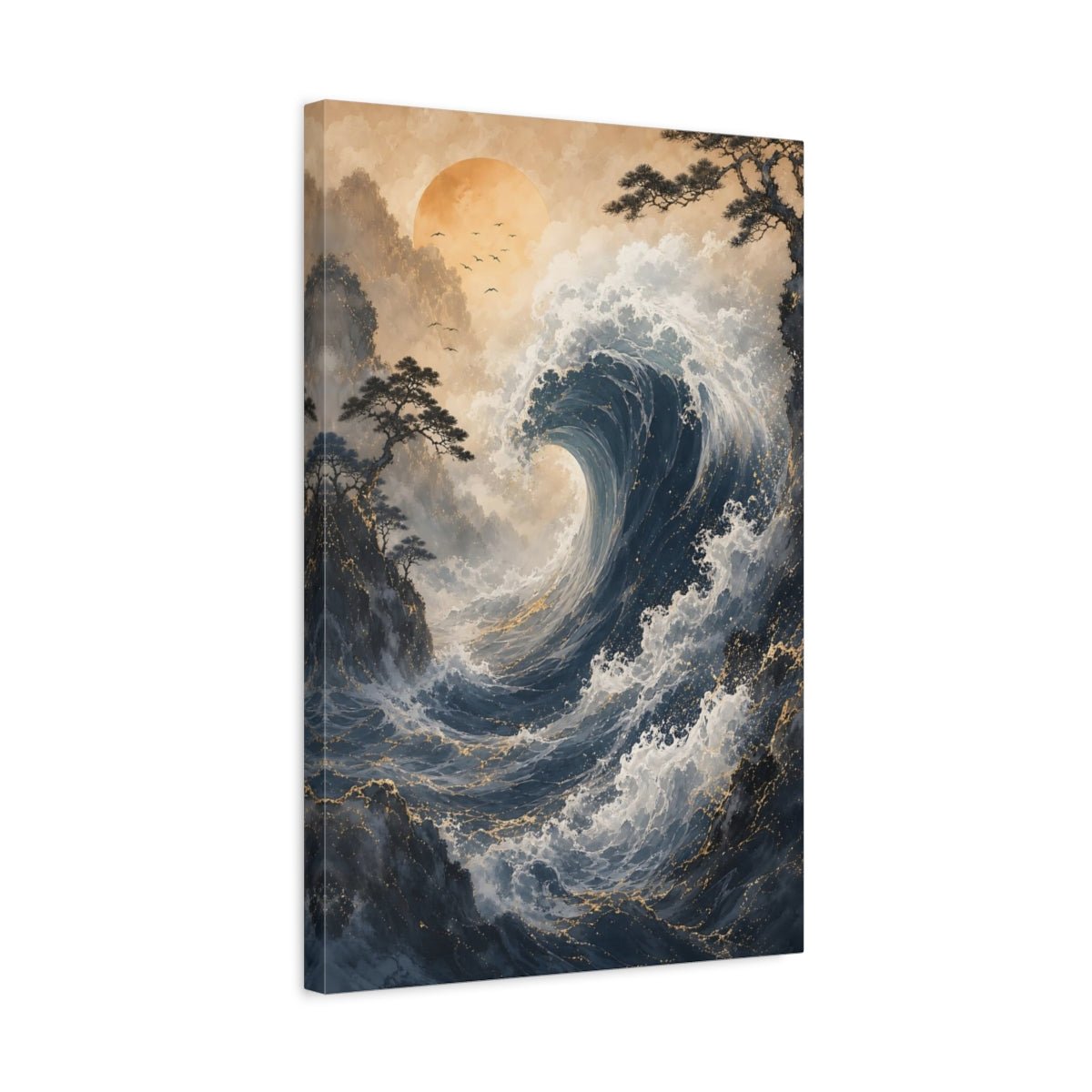 Nature Ocean Wave Blue Gold Canvas Print – Living Room, Above Couch - YesArtYes
