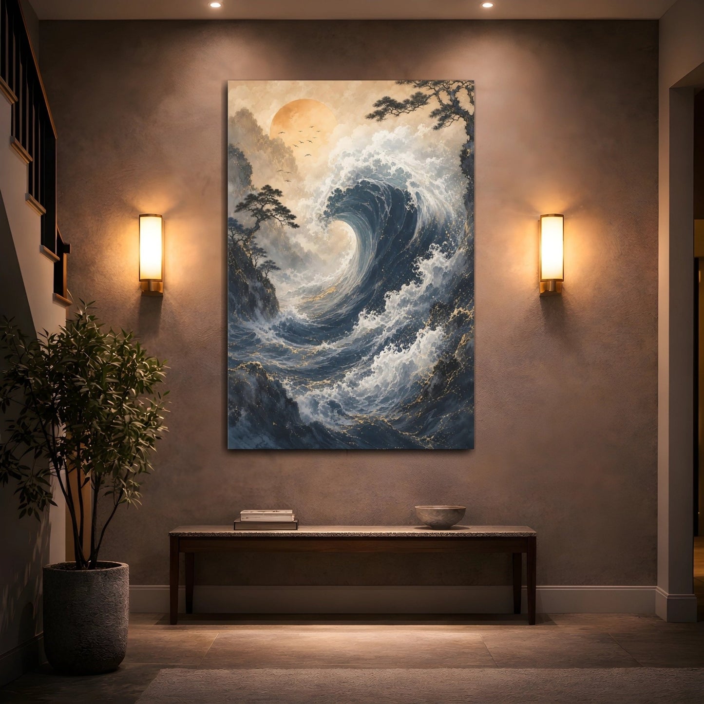 Nature Ocean Wave Blue Gold Canvas Print – Living Room, Above Couch - YesArtYes