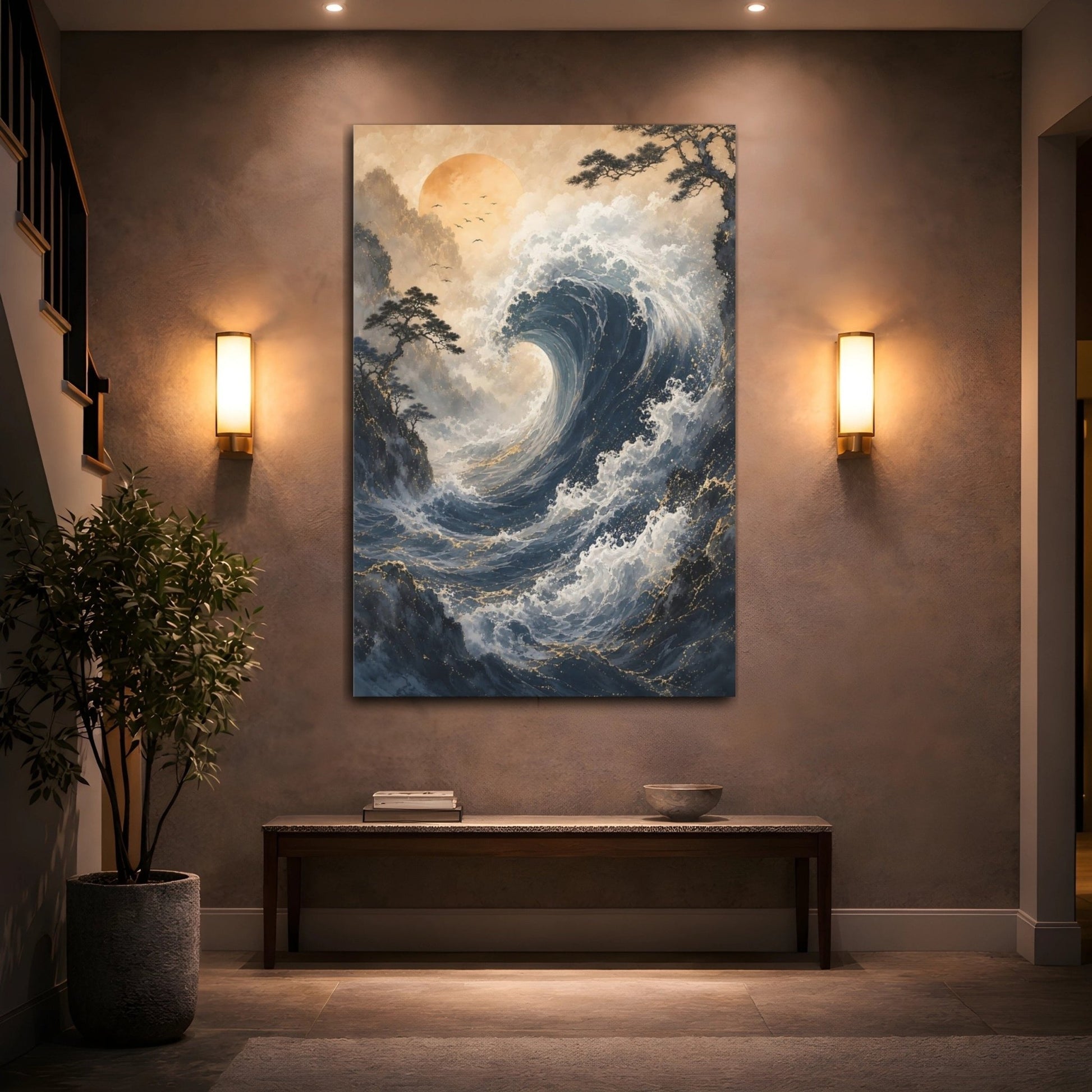Nature Ocean Wave Blue Gold Canvas Print – Living Room, Above Couch - YesArtYes